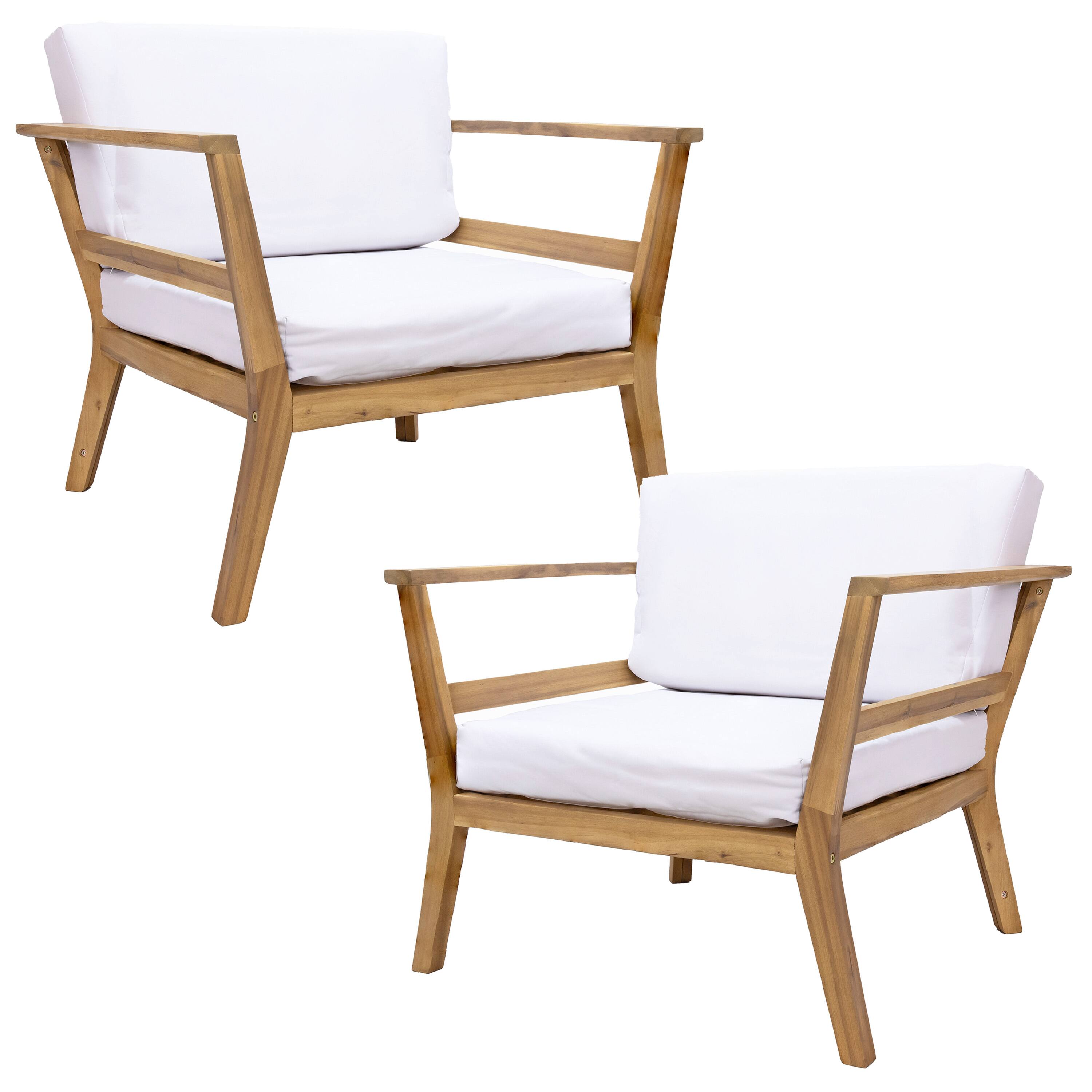Front. Sunnydaze - Bodie Acacia Wood Patio Armchair with Cushions - Set of 2 - Natural/Bone White.