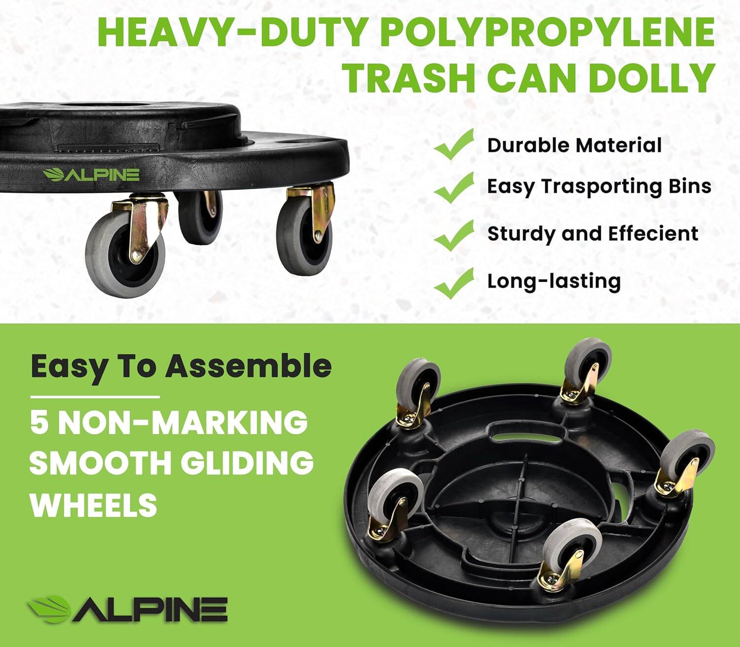 HEAVY-DUTY POLYPROPYLENE TRASH CAN DOLLY, Durable Material, Easy Trasporting Bins, Sturdy and Effecient, Long-lasting, Easy To Assemble, 5 NON-MARKING SMOOTH GLIDING WHEELS, ALPINE