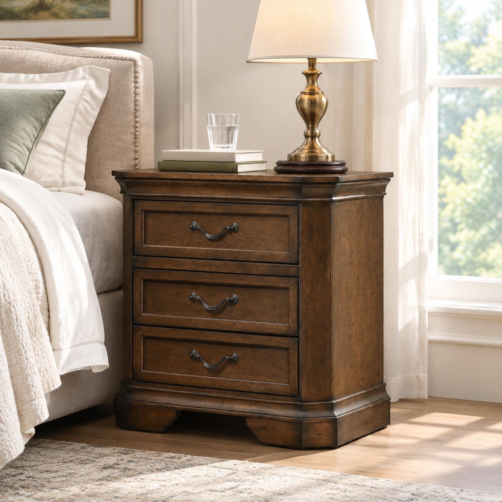RYHNUYNE 3 Drawer Wood Nightstand, Antique Walnut Finish, Solid Wood ...