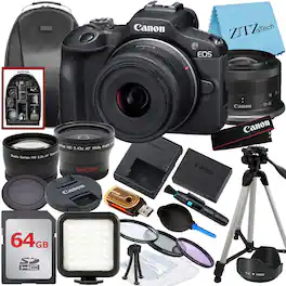 Canon - EOS R100 Mirrorless Camera with 18-45mm Lens + 64GB Card + Case + ZeeTech Bundle (International Version) - Black