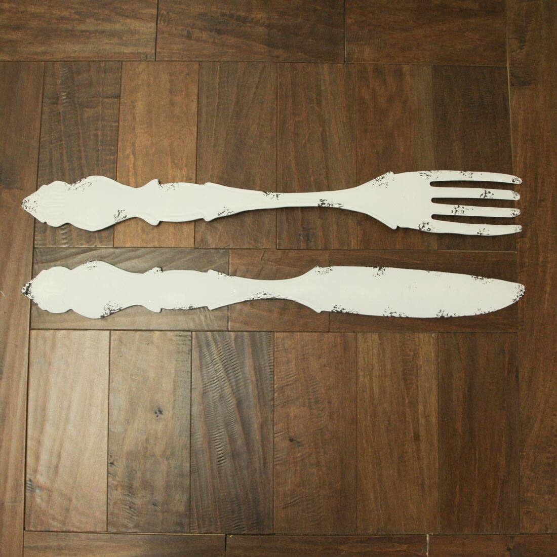 Alt View 4. Zeckos - 30 In Large Utensil Wall Art Decorative Knife Fork Farmhouse Kitchen Set of 2 - White.