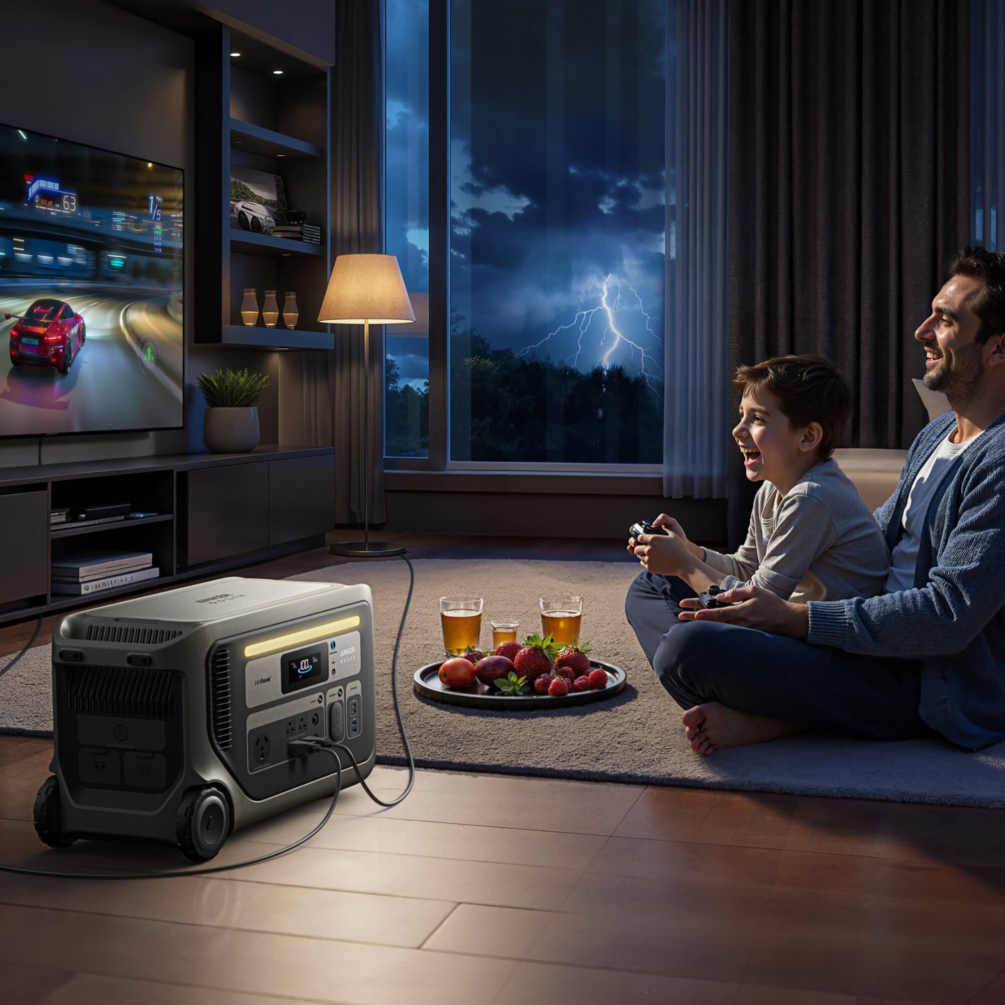 The image shows a man and a boy sitting on a couch in a living room, playing a video game on a Nintendo Wii console. The man is holding a remote control, while the boy is also holding a remote. There are two cups on a table in front of them, and a bowl of fruit, including apples and bananas, is placed nearby. The scene is set in a dark room, with a TV screen visible in the background.