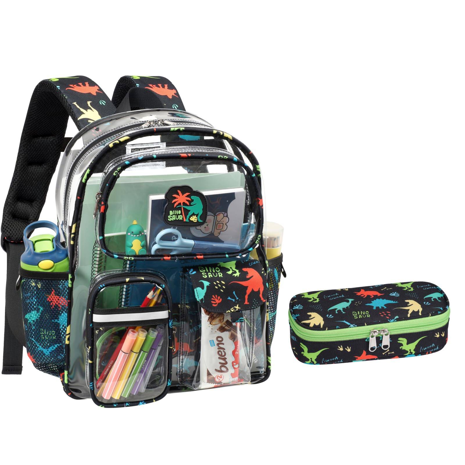 Front. Live At Space - 3pcs Clear Backpack For   15 Inch And Lunch Bag Pencil Case Set  Heavy Duty Transparent Bookbag School See Through Aged - 2pcs, E-black Dinosaur-Backpack & Pencil Case.