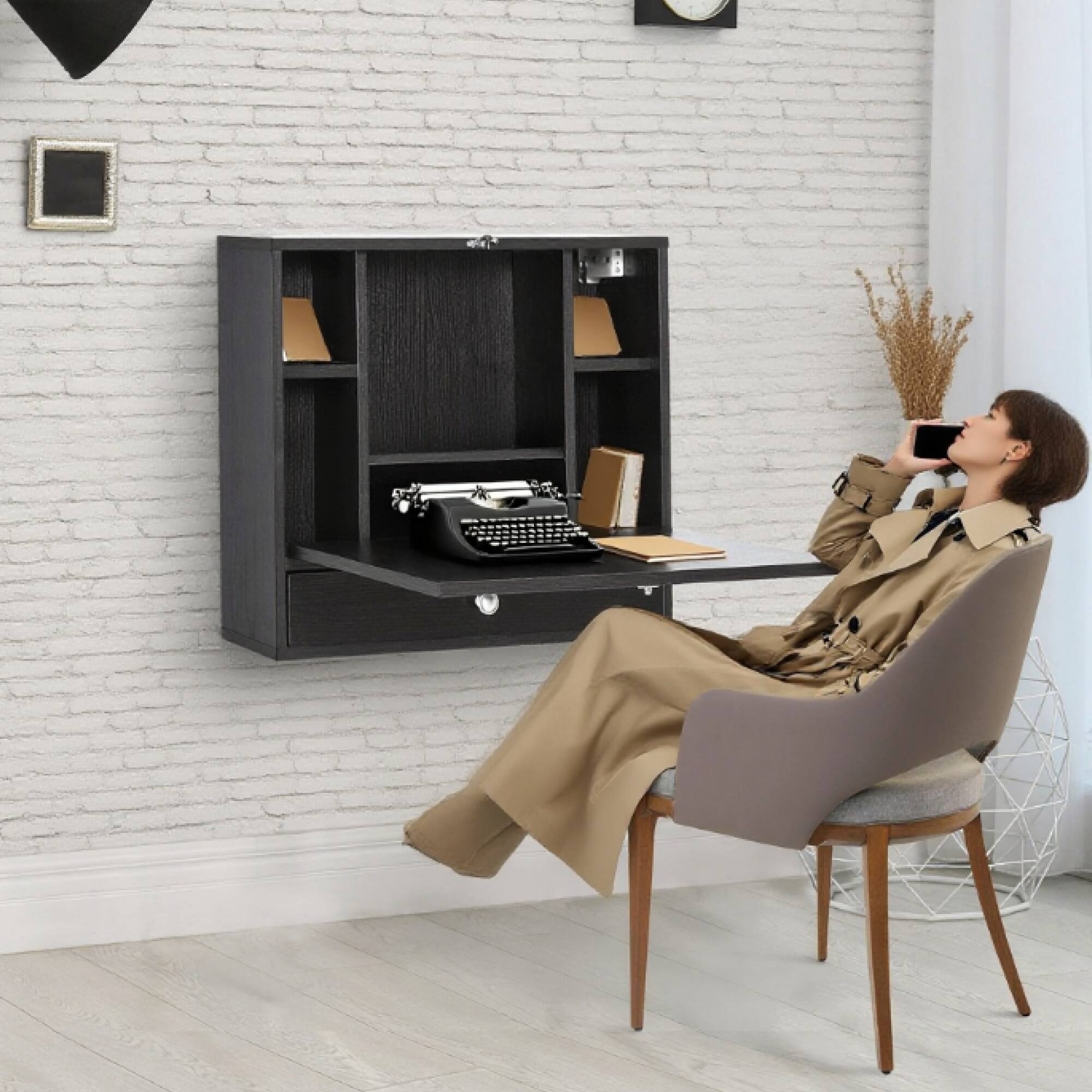 Left. GOODSILO - Wall Mounted Floating Desk with Storage Shelves and Foldable Design for Home Office Space Saving Solution - Black.