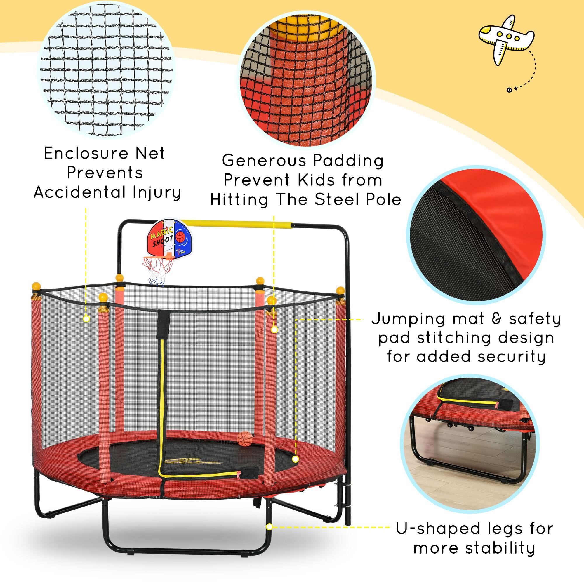 - Enclosure Net Prevents Accidental Injury
- Generous Padding Prevents Kids from Hitting The Steel Pole
- Jumping mat & safety pad stitching design for added security
- U-shaped legs for more stability
