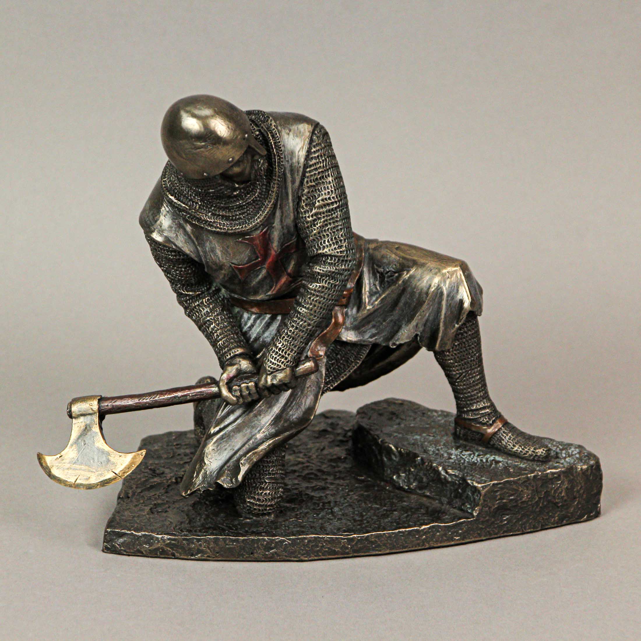 Alt View 9. Veronese Design - Bronze Finish Kneeling Templar Knight Wielding Battle Axe Statue - Multicolored.