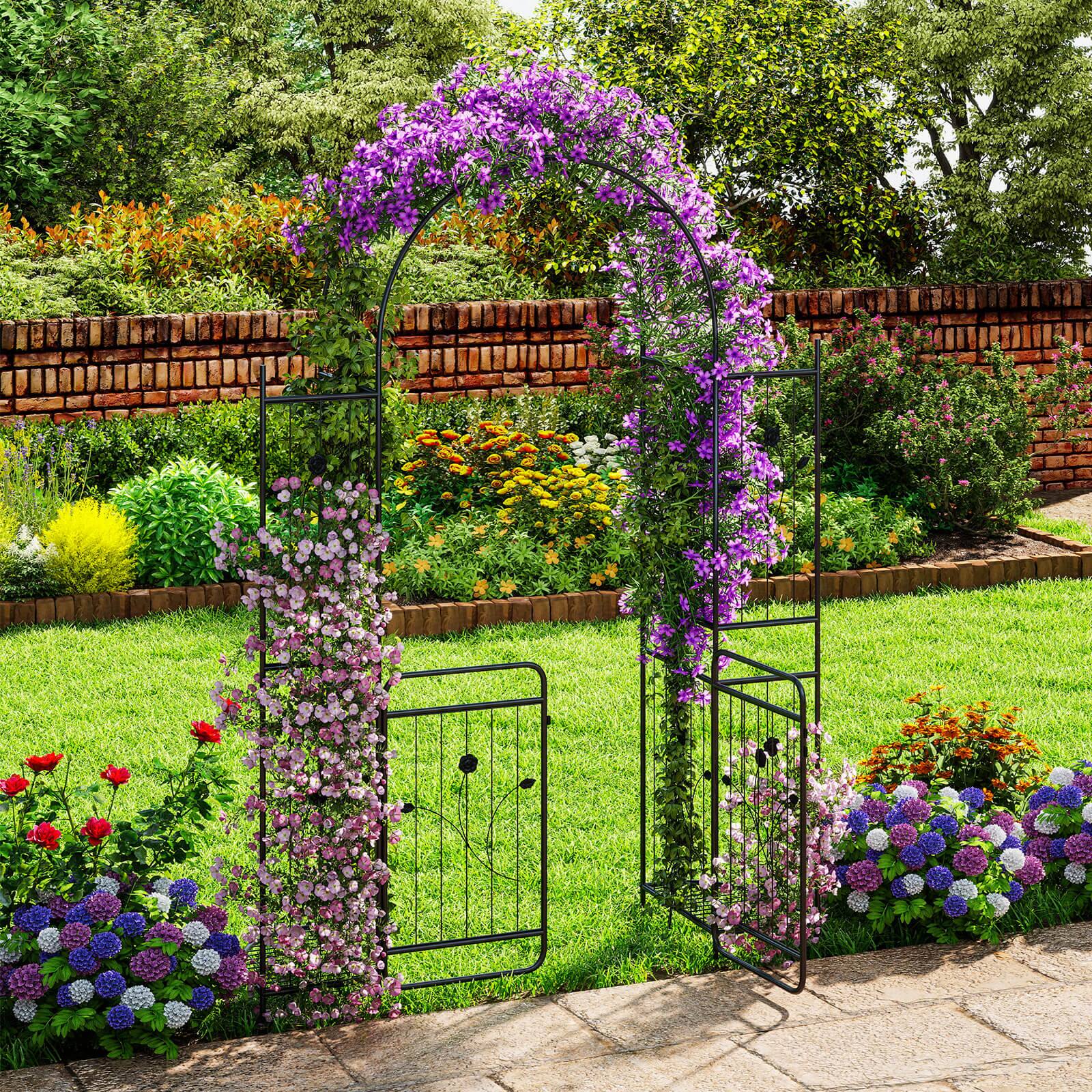 Alt View 5. Costway - Costway 87" Tall Garden Arch with Gate, Planter Shelves & Trellises. Metal Arbor for Patio - Black.