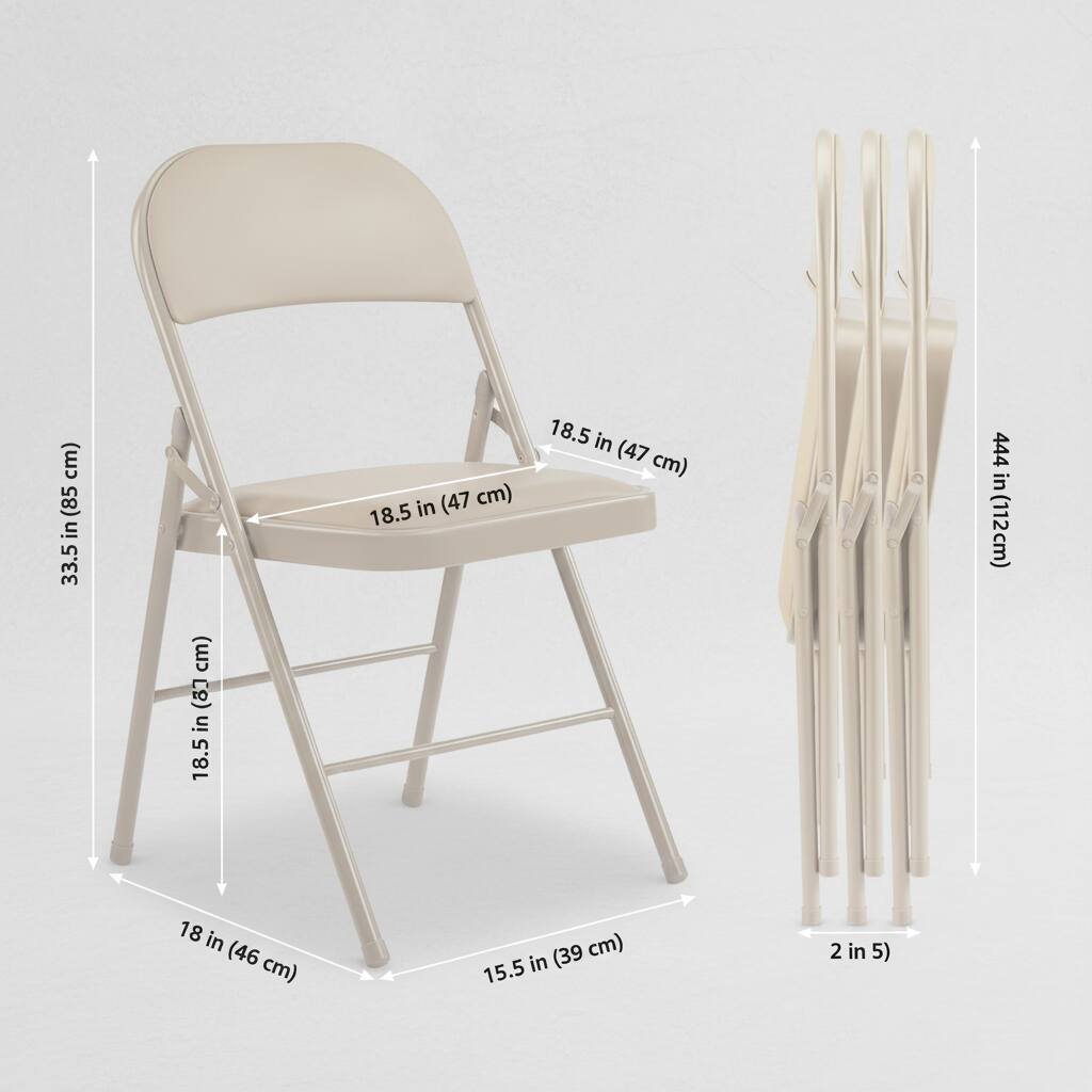 - Height: 33.5 in (85 cm)
- Seat Height: 18.5 in (47 cm)
- Seat Width: 18.5 in (47 cm)
- Seat Depth: 18 in (46 cm)
- Armrest Height: 18.5 in (47 cm)
- Folded Height: 15.5 in (39 cm)
- Folded Width: 2 in (5 cm)
- Folded Length: 44.4 in (112 cm)