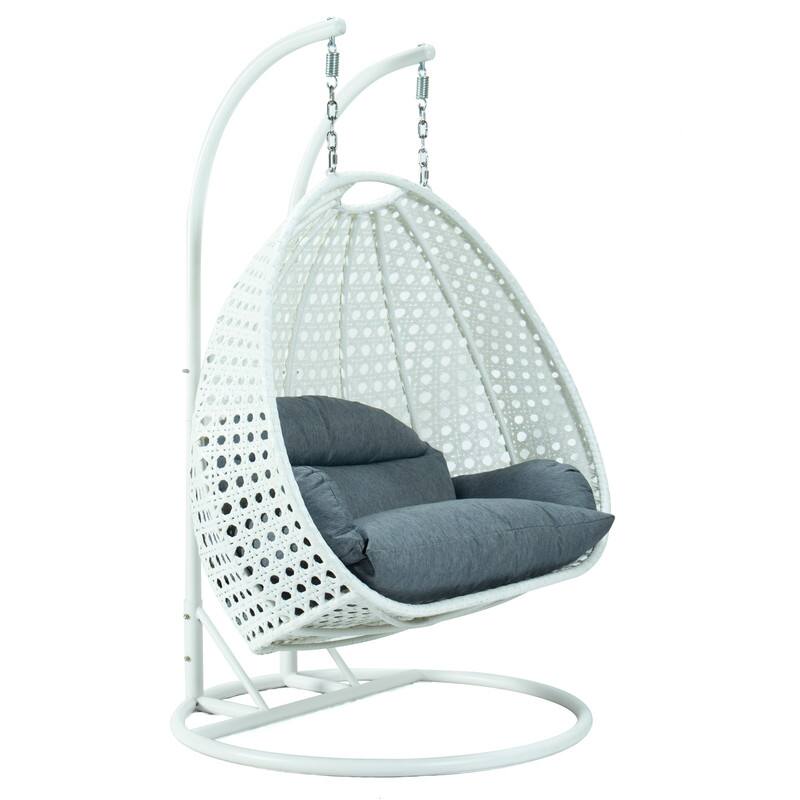 Back. LeisureMod - Leisuremod Modern 2-Person Outdoor Egg Swing White Wicker Chair with Stand, Plush Washable Cushions & Waterproof Cover - Charcoal Blue.