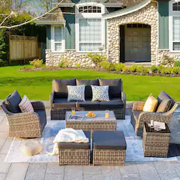 Yardgrace - 7 Pieces Patio Conversation Set Patio Sectional Furniture Set with 2 Swivel Rocker Chair & Sofa 2 Ottomans and Table - Gray