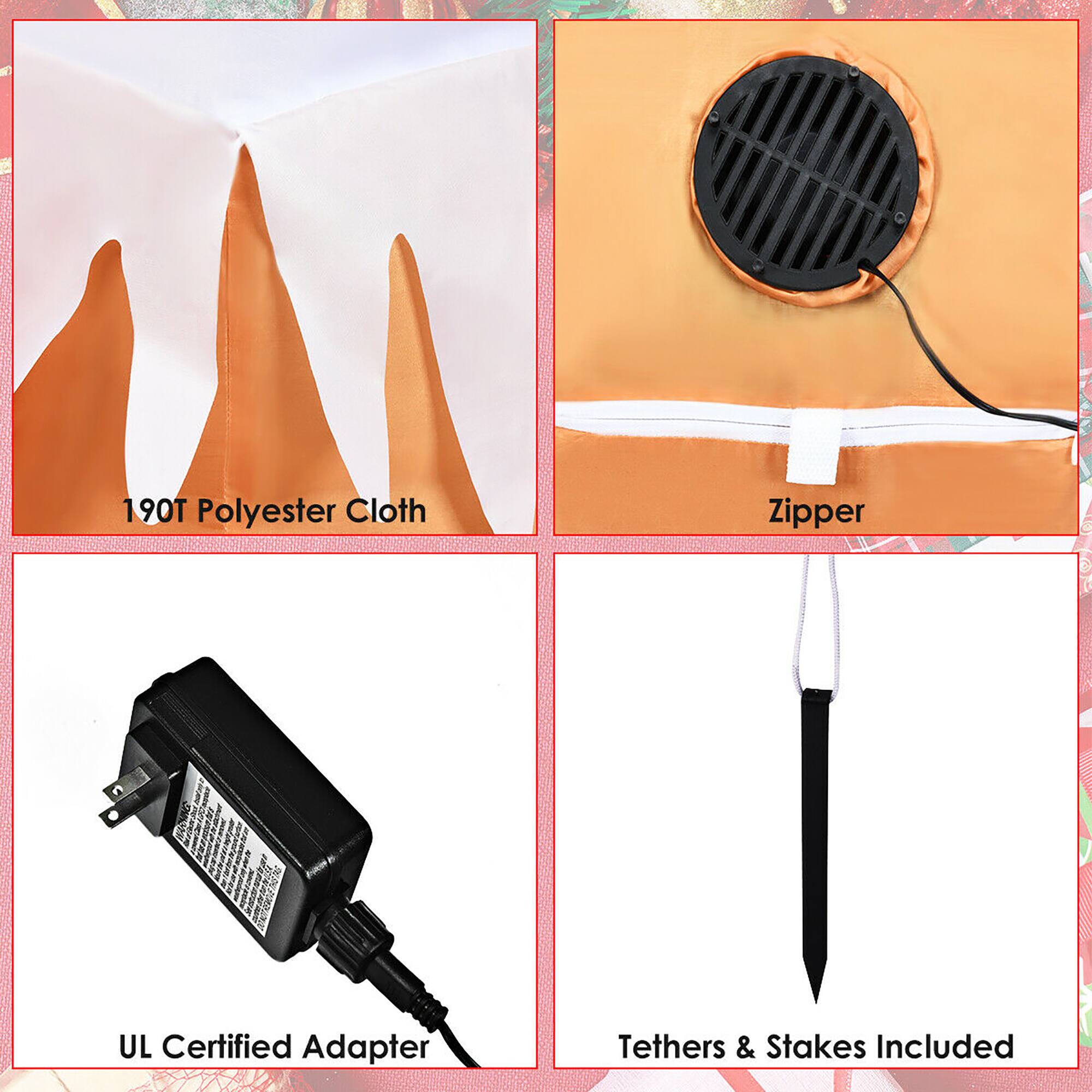 The text on the image is grouped as follows:

1. 190T Polyester Cloth
2. Zipper
3. UL Certified Adapter
4. Tethers & Stakes Included