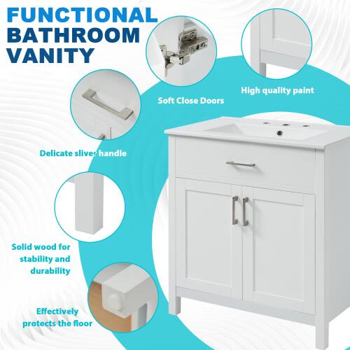 FUNCTIONAL BATHROOM VANITY

- Soft Close Doors
- High quality paint
- Delicate silver handle
- Solid wood for stability and durability
- Effectively protects the floor