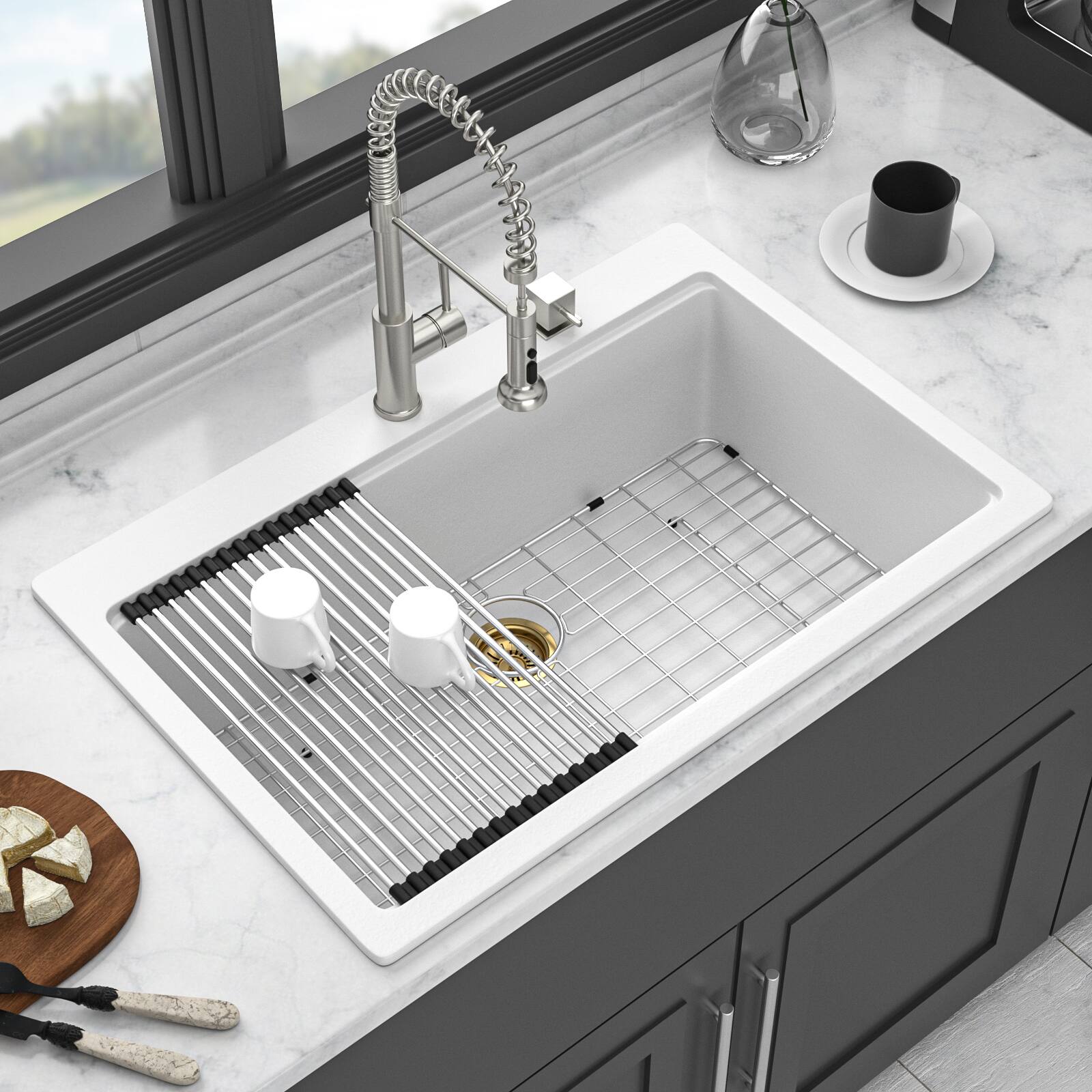 Angle. Siljoy - Quartz Kitchen Sink - 33" x 22" x 9.65" White granite composite Workstation Drop-in kitchen sink - White.