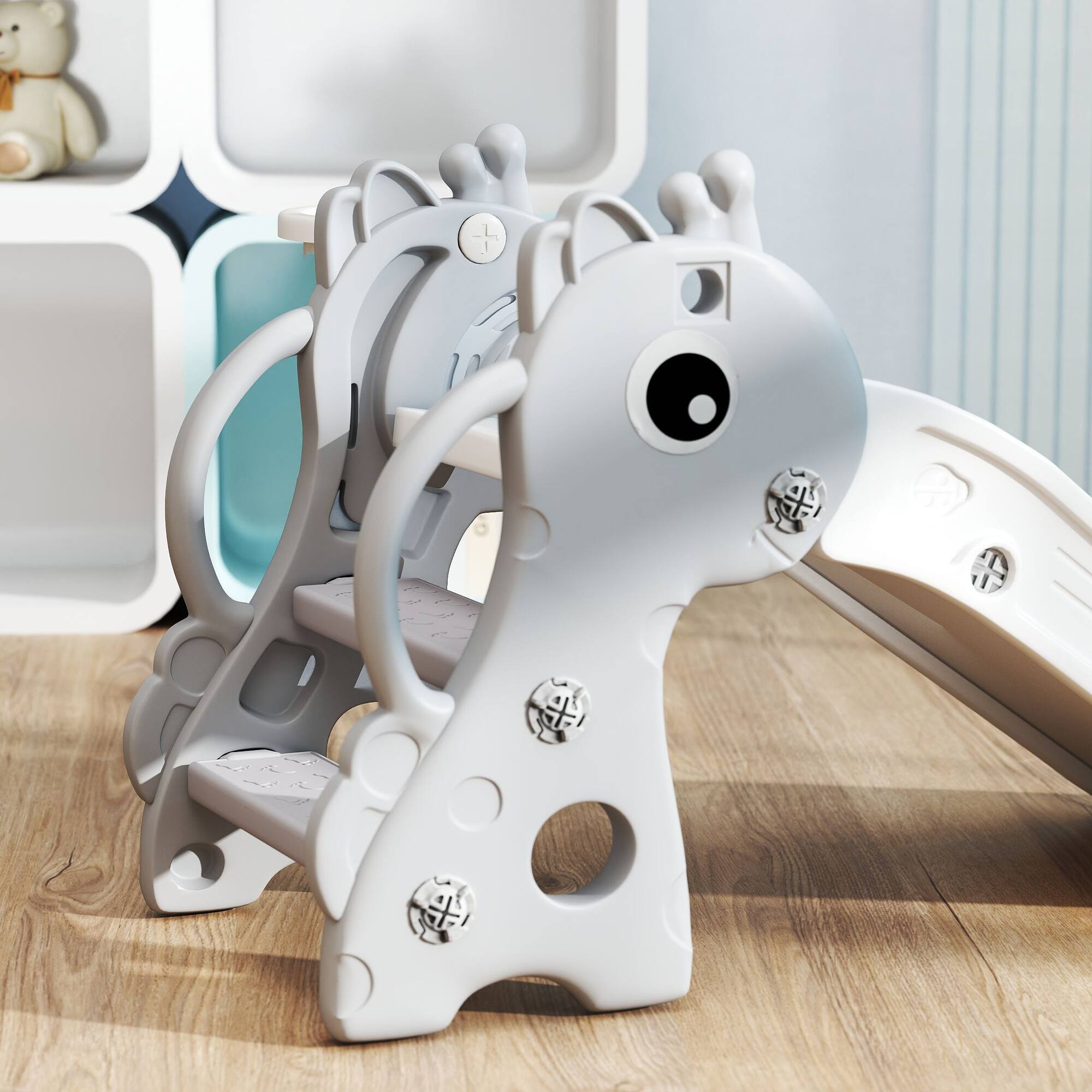 Alt View 4. Qaba - Toddler Slide with Climber, Basketball Hoop and Ball, Indoor Kids Slide with Giraffe Design, Playground Equipment.