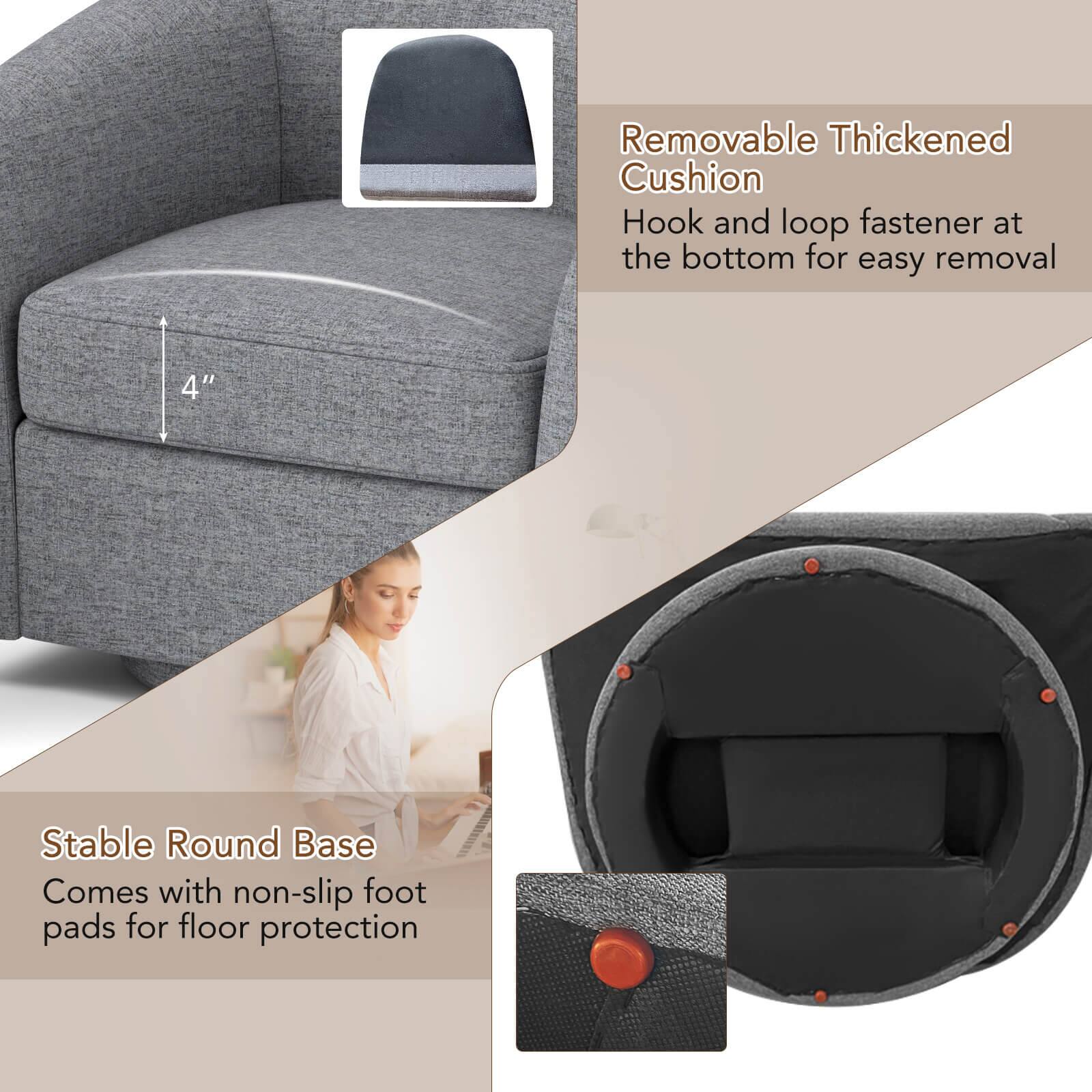 The image features a chair with a removable thickened cushion that has a hook and loop fastener at the bottom for easy removal. The chair also has a stable round base and comes with non-slip foot pads for floor protection.