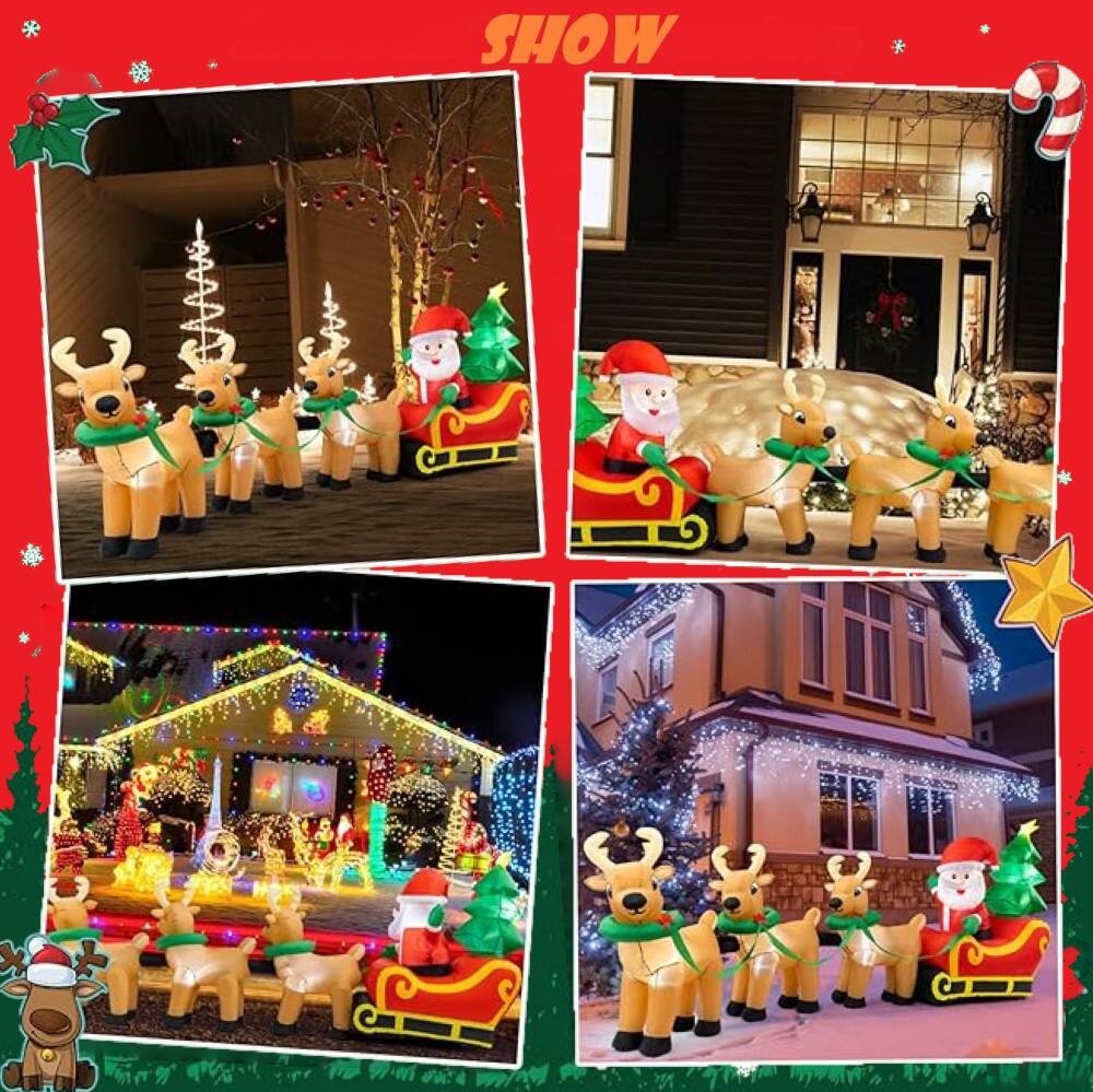 Alt View 2. MOVSSOU - 12Ft Inflatables Santa Claus on Sleigh 3 Reindeers Christmas Tree Lighted Xmas Decor Inflatables Christmas Gifts - multicolor.