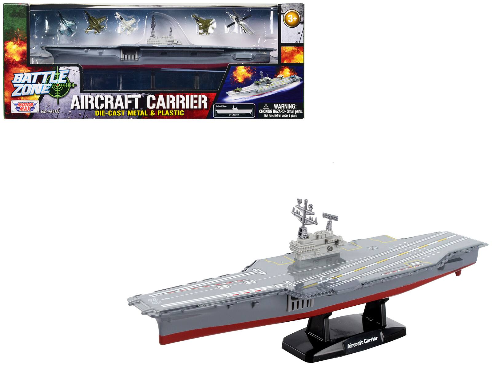 **Battle Zone Motor Aircraft Carrier**
- **Aircraft Carrier**
- **Die-Cast Metal & Plastic**
- **No. 76783**
- **3+**
- **Warning: Choking Hazard - Small parts. Not for children under 3 years.**