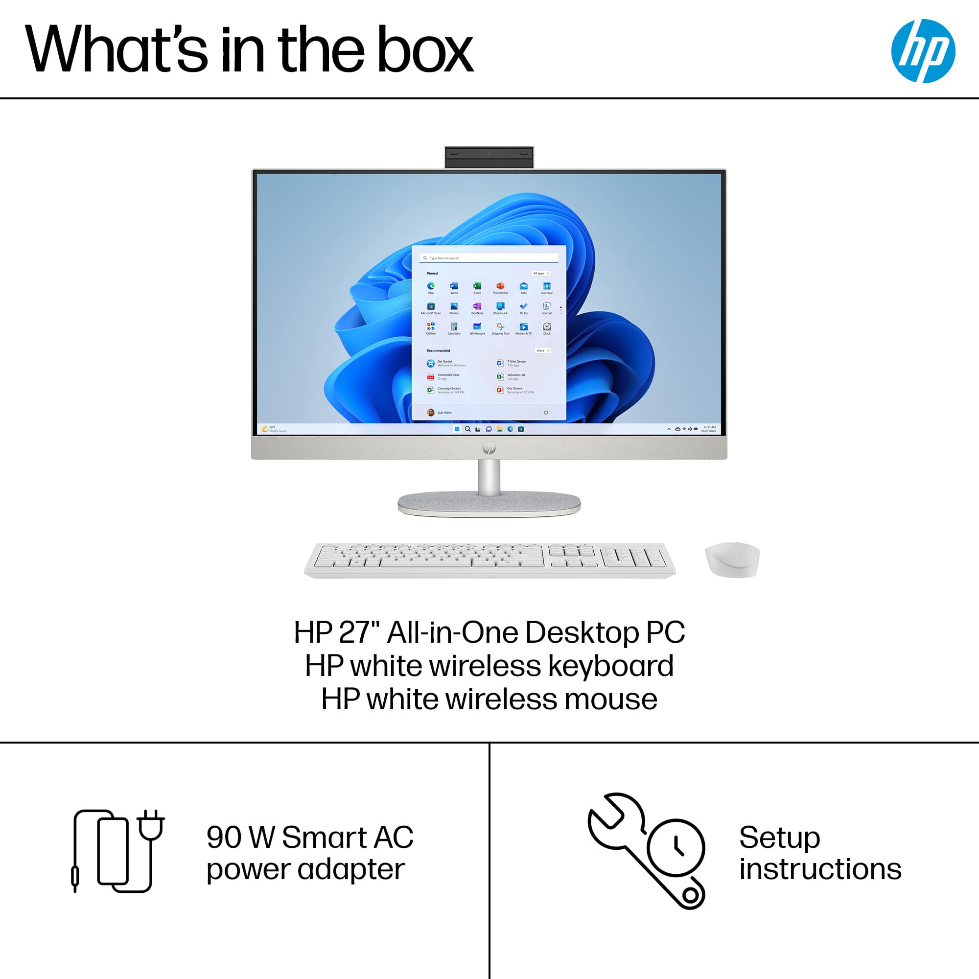 What's in the box: HP 27" All-in-One Desktop PC, HP white wireless keyboard, HP white wireless mouse, 90 W Smart AC power adapter, Setup instructions.