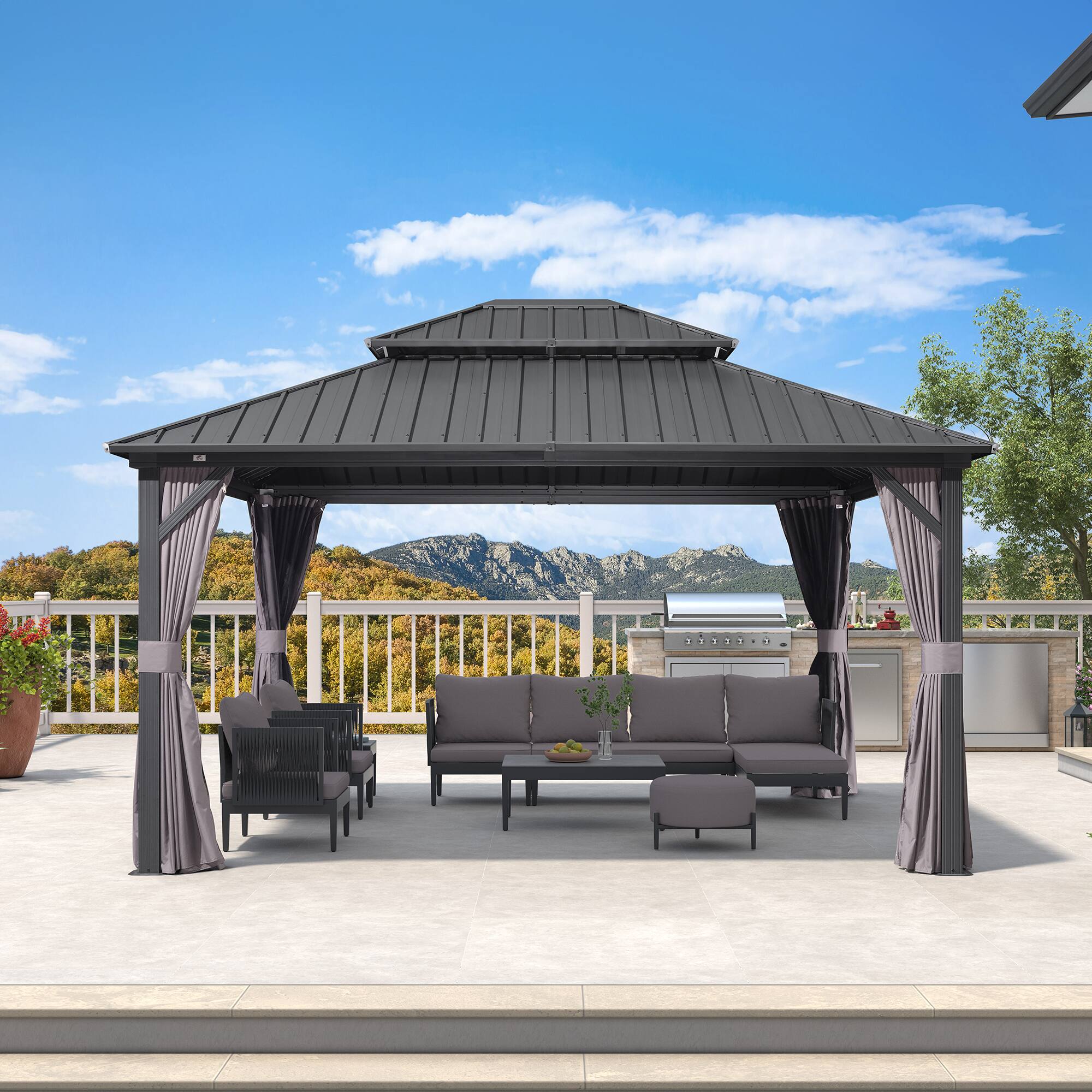 Alt View 2. PURPLE LEAF - 12 X 14 FT Outdoor Aluminum Hardtop Gazebo with Galvanized Steel Double Roof for Patio Deck with Netting and Curtains - 12' X 14'.