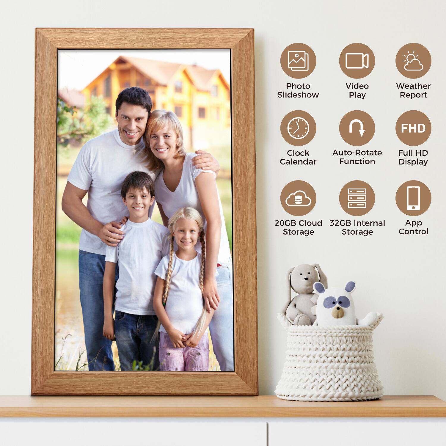 Photo Slideshow, Video Play, Weather Report, FHD, Clock Calendar, Auto-Rotate Function, Full HD Display, 20GB Cloud Storage, 32GB Internal Storage, App Control