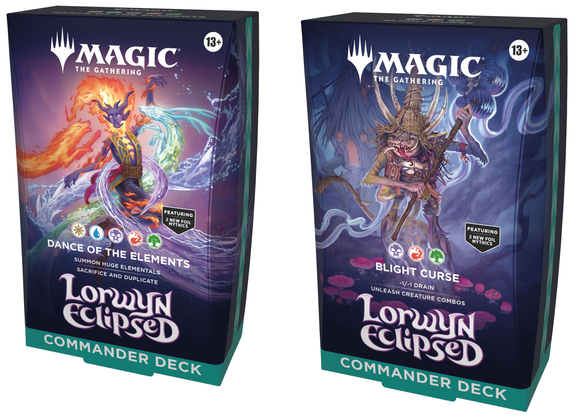 13+ MAGIC THE GATHERING  
FEATURING 2 NEW FOIL MYTHICS  
DANCE OF THE ELEMENTS  
SUMMON HUGE ELEMENTALS  
SACRIFICE AND DUPLICATE  
Lorwyn EclipseD COMMANDER DECK  

13+ MAGIC THE GATHERING  
FEATURING 2 NEW FOIL MYTHICS  
BLIGHT CURSE -1/-1 DRAIN  
UNLEASH CREATURE COMBOS  
Lorwyn EclipseD COMMANDER DECK