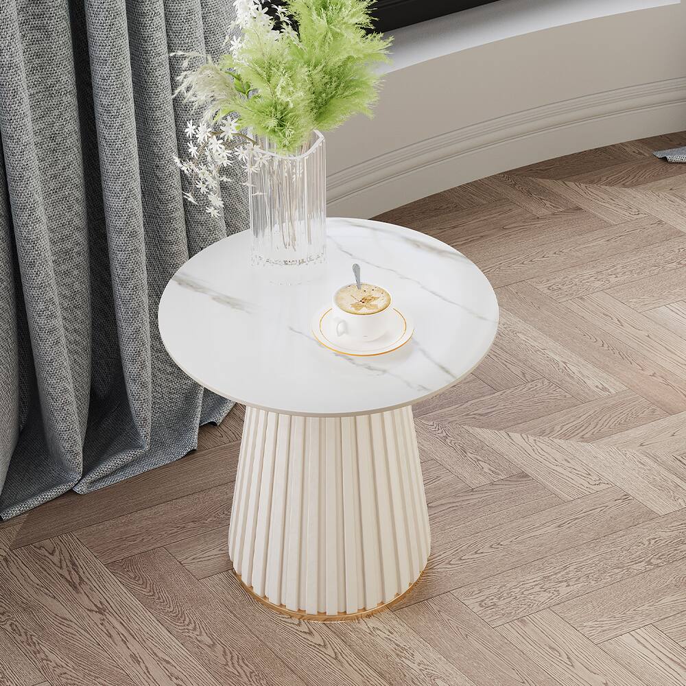 Angle. POVISON - 14.96" Modern Light Luxury Side Table, End Side with Glossy Sintered Stone Top, Metal Base, White - White.