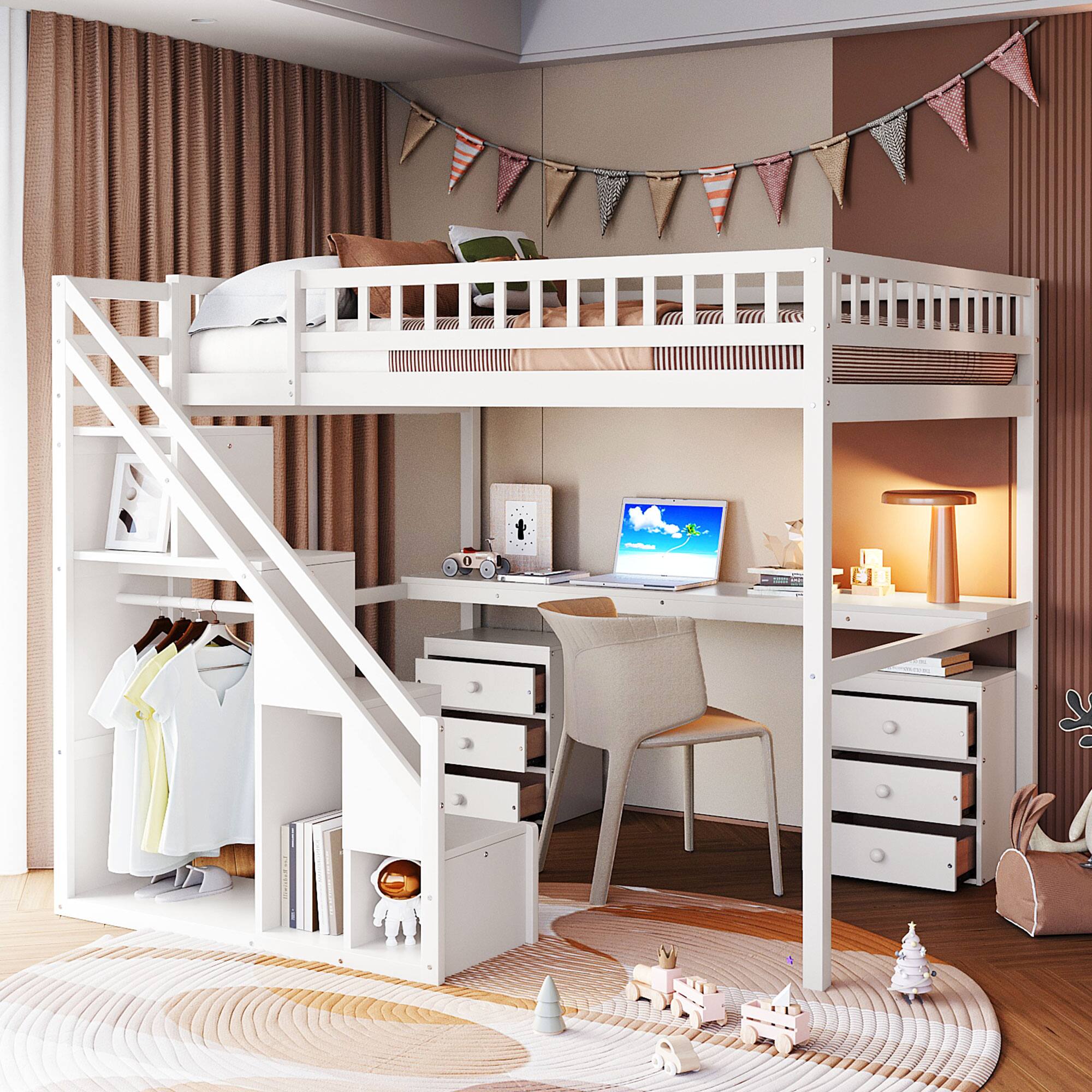 Angle. Anysun - Full Size Loft Bed with Two Chest of Drawers, Desk and Light Strip - White.