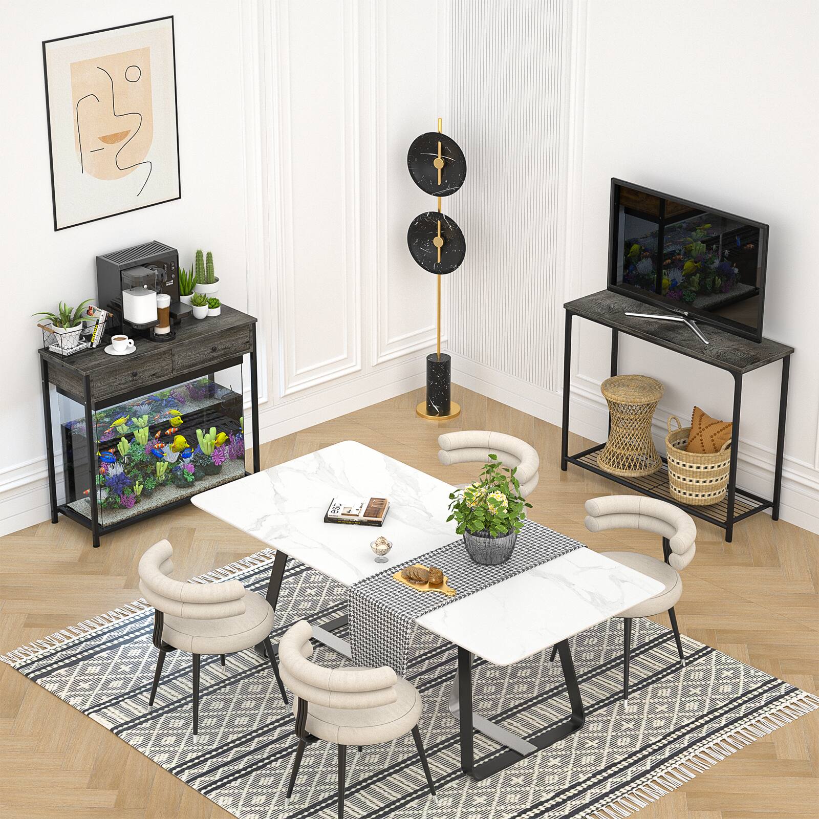 Back. Aheaplus - 32'' Console Table, with Charging Station and Drawers, Narrow End Table for Entryway, Living Room - Gray Oak.