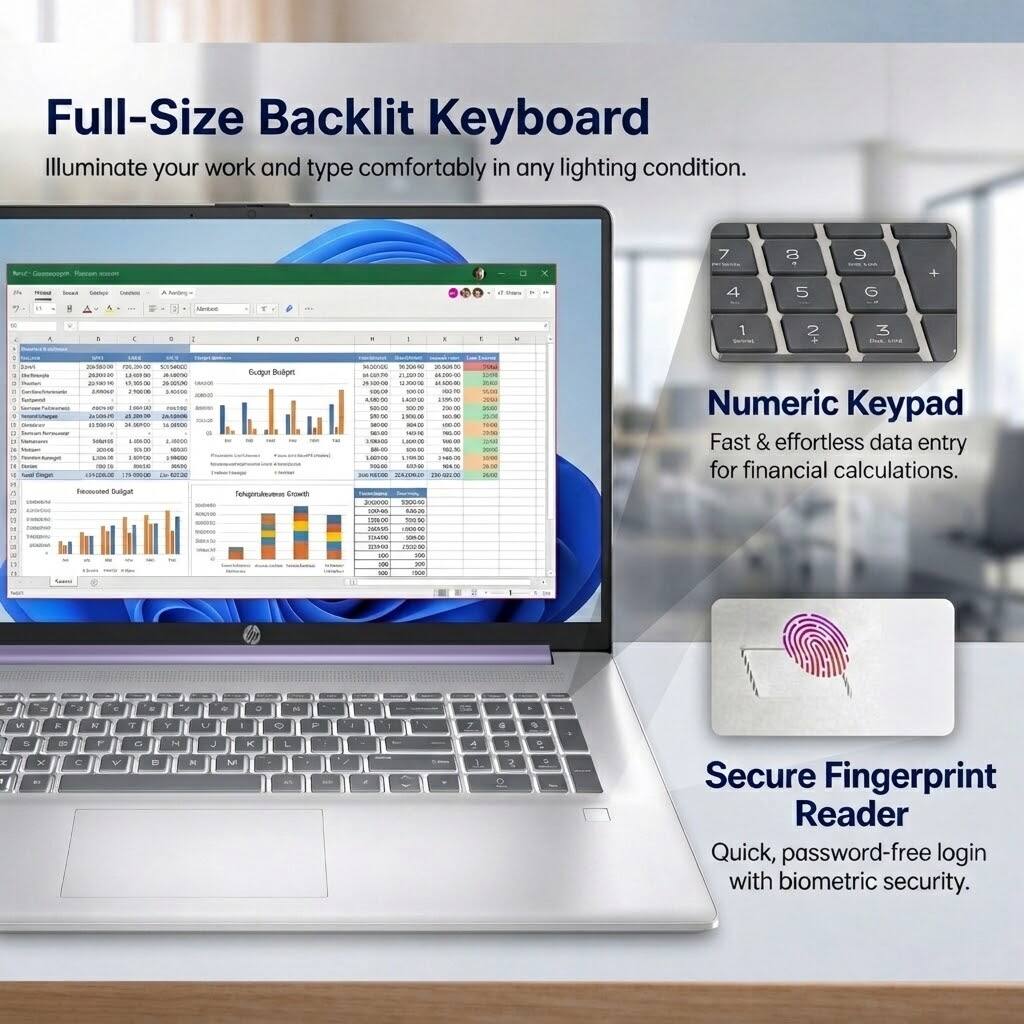 Full-Size Backlit Keyboard  
Illuminate your work and type comfortably in any lighting condition.

Numeric Keypad  
Fast & effortless data entry for financial calculations.

Secure Fingerprint Reader  
Quick, password-free login with biometric security.