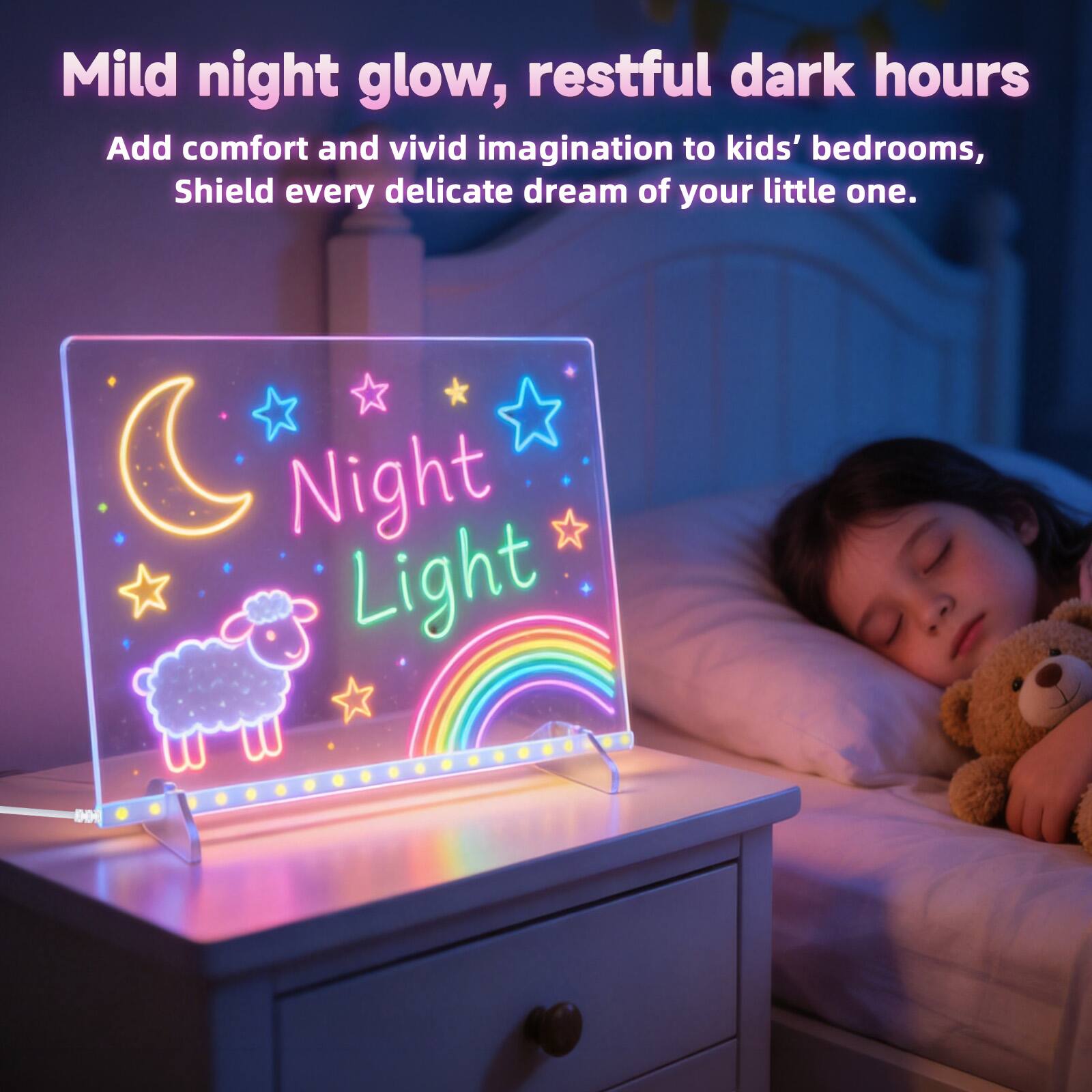 Mild night glow, restful dark hours  
Add comfort and vivid imagination to kids' bedrooms,  
Shield every delicate dream of your little one.  

Night Light