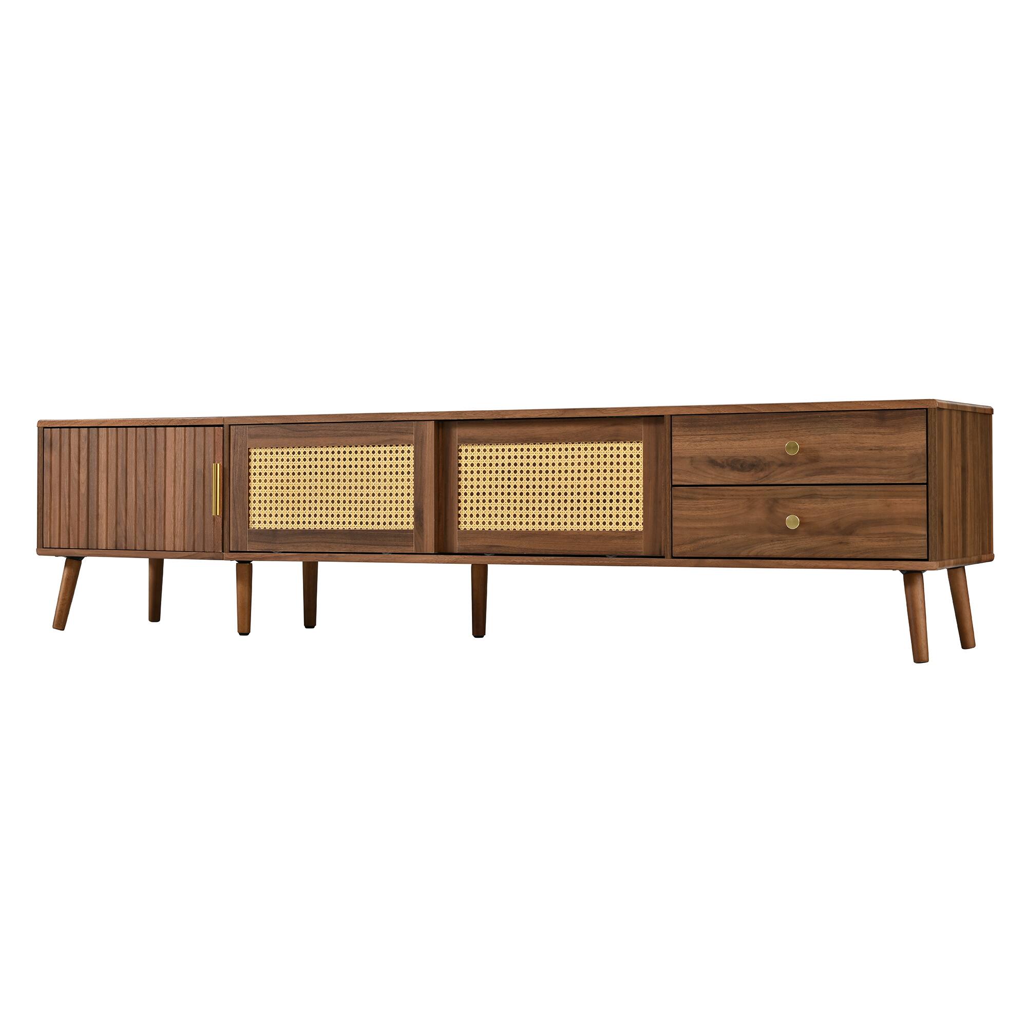 Alt View 4. Z-Edge - TV Stand for 85 Inch TV, Entertainment Center with 2 Drawers, Rattan TV Console with 2 Cabinets for Living Room - Walnut.