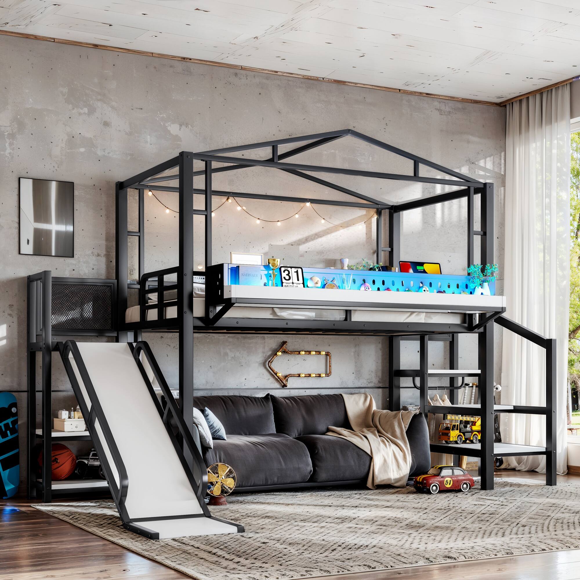 Alt View 1. Boyel Living - Twin Size Loft Bed with Storage Stairs Shelves and Built in Wardrobe Metal Loft Bed Frame - Black.