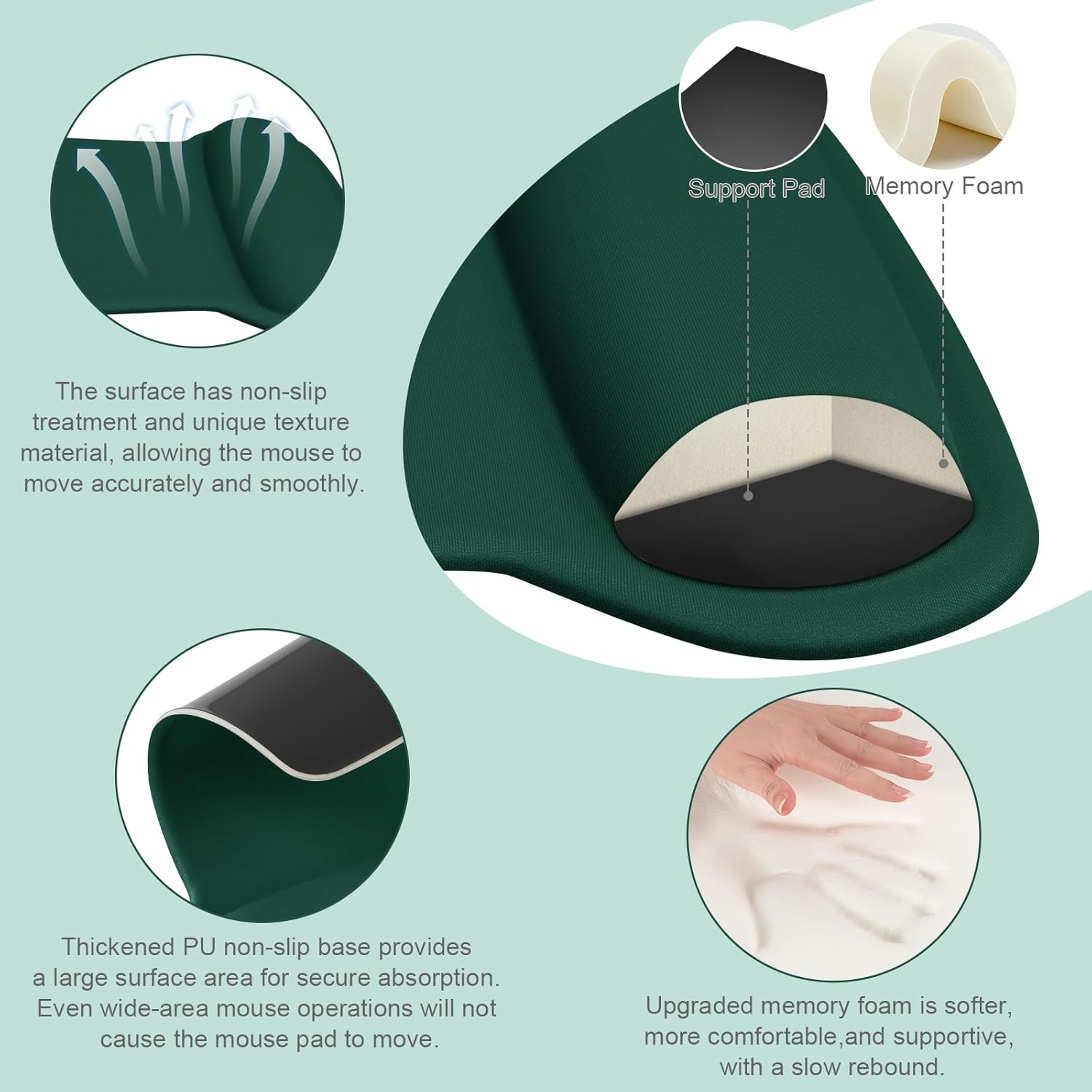 Support Pad Memory Foam

The surface has non-slip treatment and unique texture material, allowing the mouse to move accurately and smoothly.

Thickened PU non-slip base provides a large surface area for secure absorption. Even wide-area mouse operations will not cause the mouse pad to move.

Upgraded memory foam is softer, more comfortable, and supportive, with a slow rebound.