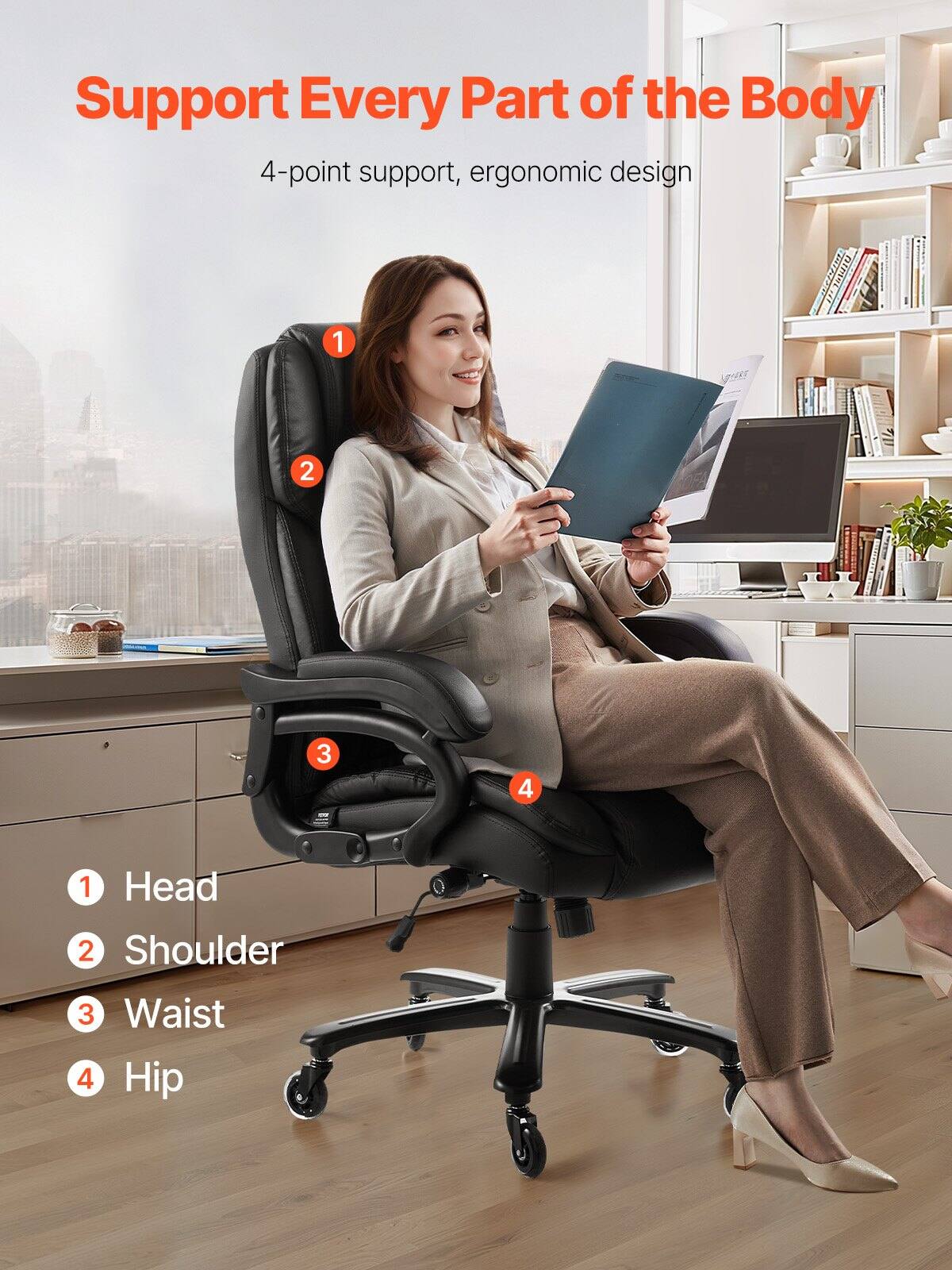 Support Every Part of the Body  
4-point support, ergonomic design  

1. Head  
2. Shoulder  
3. Waist  
4. Hip