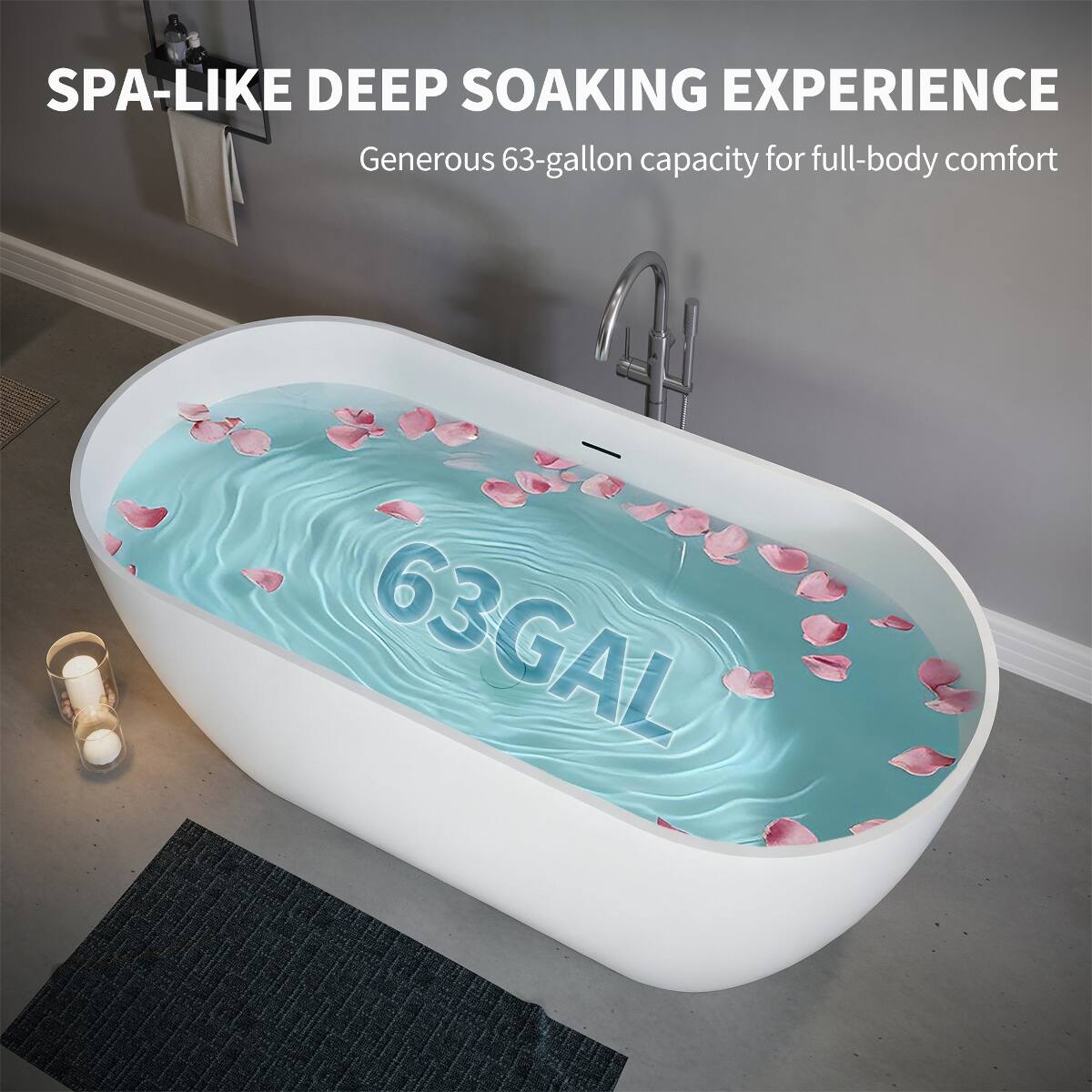 Loheer 59 Inch Freestanding Solid Surface Soaking Bathtub Stone Resin ...