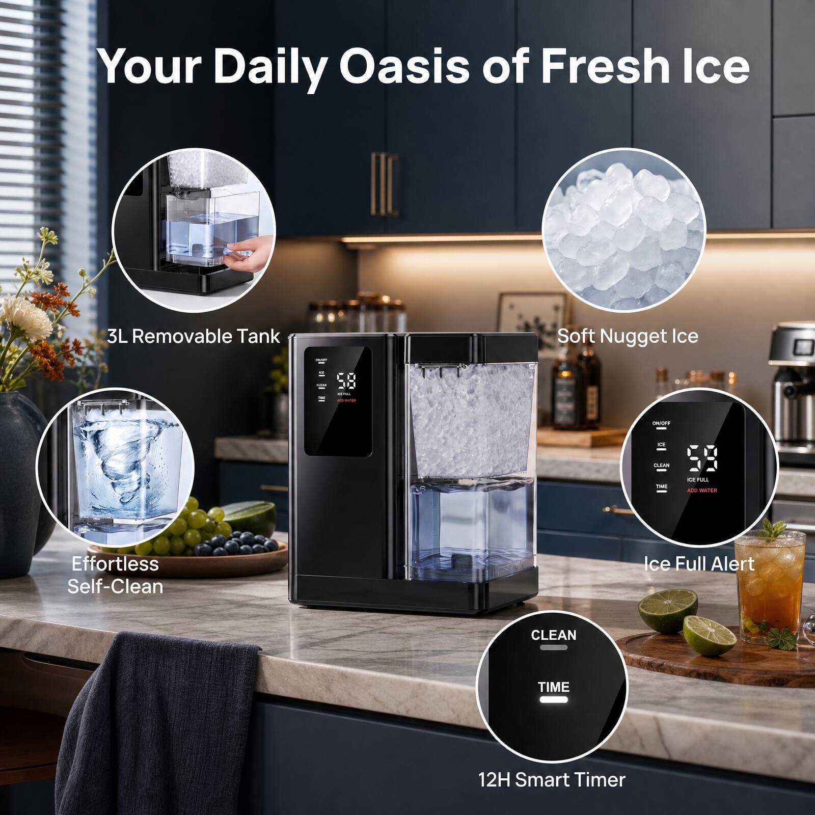 Your Daily Oasis of Fresh Ice

3L Removable Tank

Soft Nugget Ice

Effortless Self-Clean

Ice Full Alert

CLEAN

TIME

12H Smart Timer