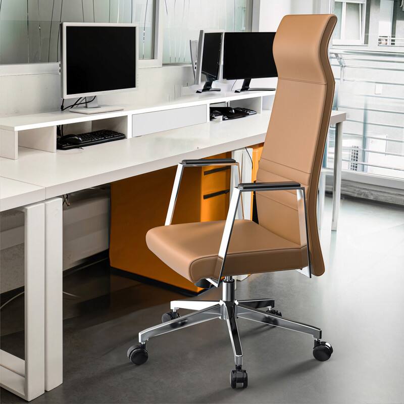 Angle. LeisureMod - Aleen Ergonomic Office Desk Chair with PU Leather, Foam Padding, Adjustable Tilt, Height, and Swivel - Acorn Brown.