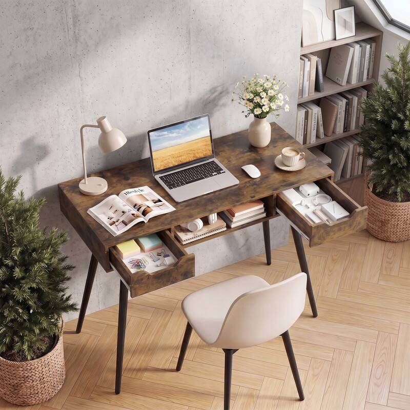 Angle. WELLFOR - 42.5 " Small Computer Desk with Drawers, Modern PC Laptop Table Computer Study Writing Workstation for Small Spaces - Rustic Brown.