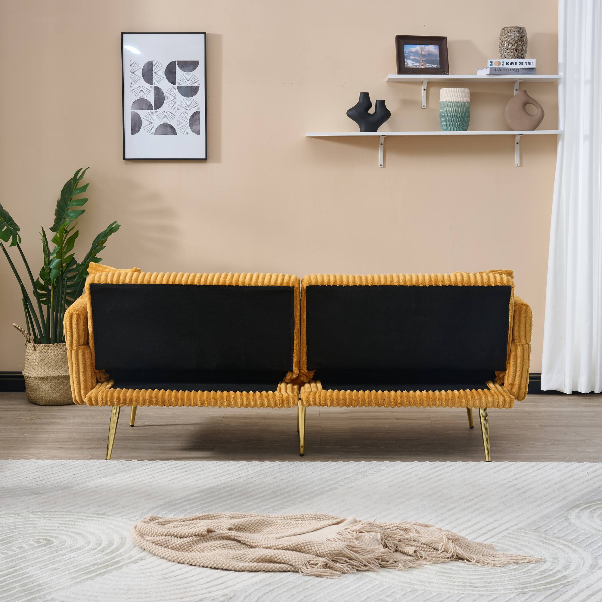 Alt View 7. GOODSILO - Foldable Corduroy Sofa Bed with Adjustable Armrests for Living Rooms and Compact Spaces - Yellow.