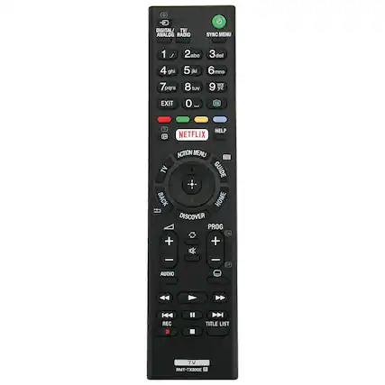DIGITAL TV / ANALOG RADIO SYNC MENU
1 / 2 abc 3 def 4 ghi 5 jkl 6 mno 7 pqrs 8 tuv 9 wx 0 yz EXIT
NETFLIX HELP
ACTION MENU TV GUIDE BACK HOME DISCOVER PROG
TV
AUDIO
TITLE LIST
REC
RMT-TX200E