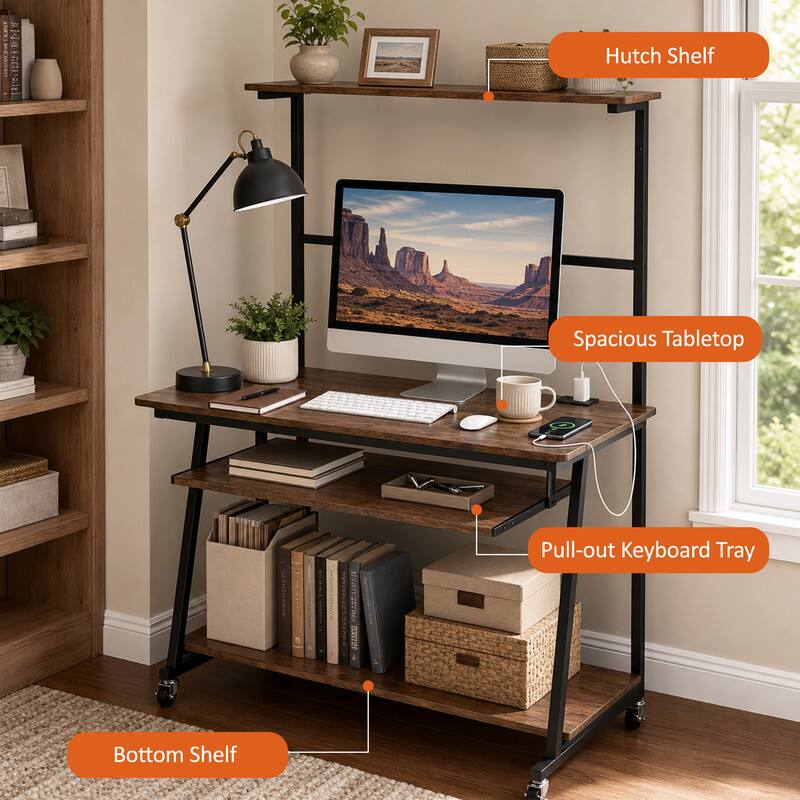 Hutch Shelf  
Spacious Tabletop  
Pull-out Keyboard Tray  
Bottom Shelf