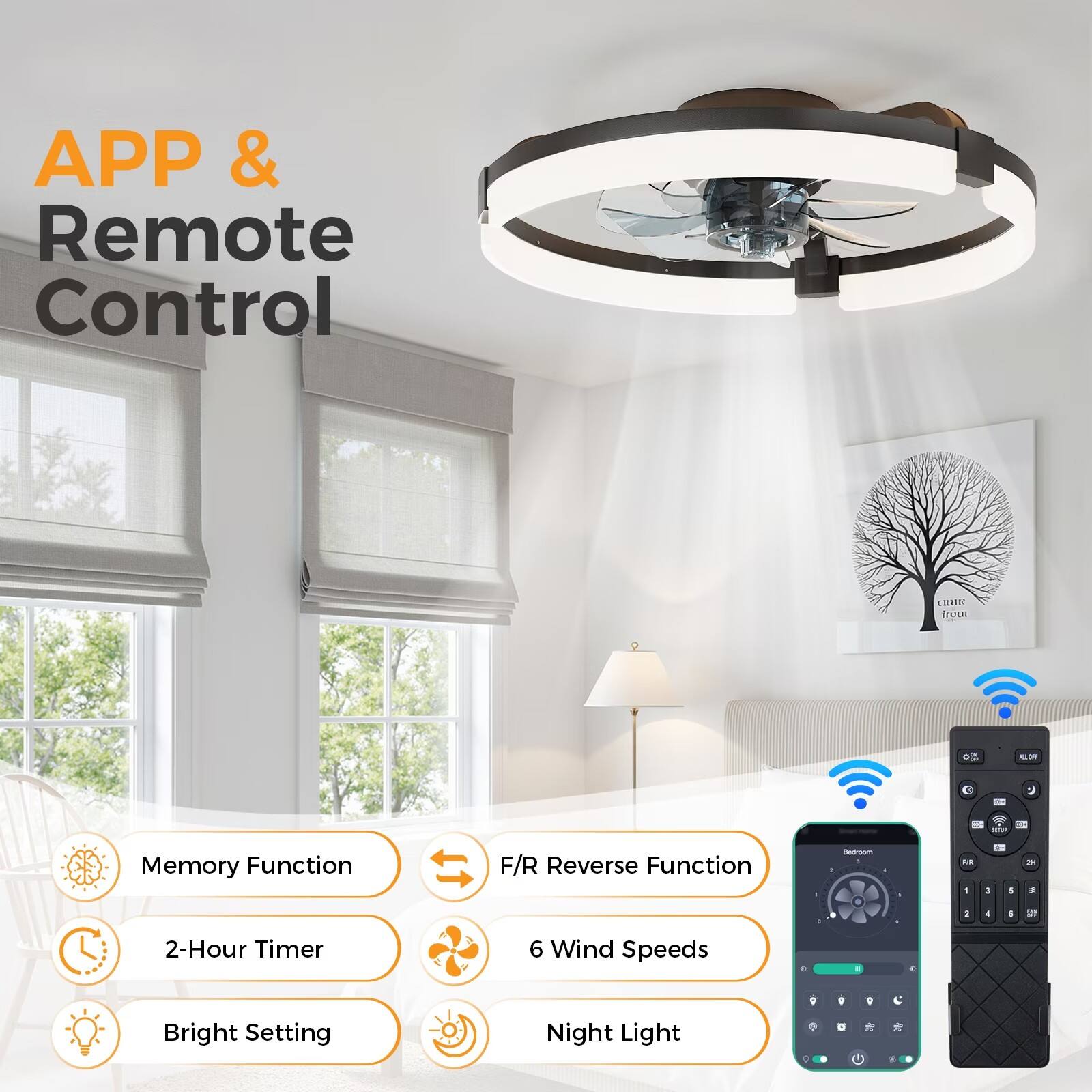 APP & Remote Control

- Memory Function
- 2-Hour Timer
- Bright Setting
- F/R Reverse Function
- 6 Wind Speeds
- Night Light