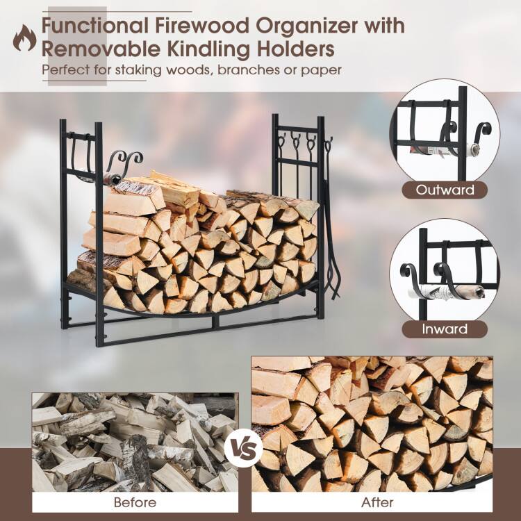 Functional Firewood Organizer with Removable Kindling Holders  
Perfect for staking woods, branches or paper  

Outward  
Inward  

Before  
After