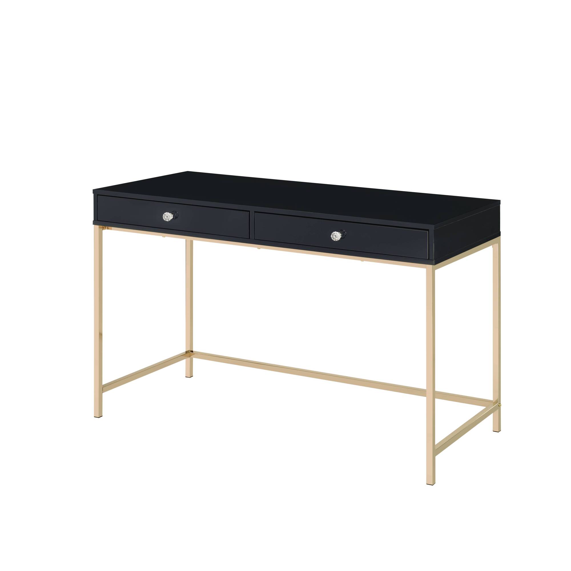 Back. GOODSILO - Contemporary High Gloss Writing Desk with Metal Base and Two Storage Drawers for Modern Office - Black.