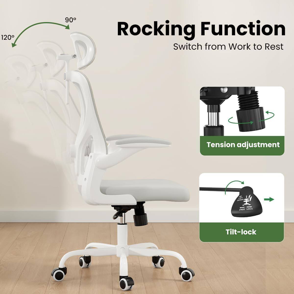120° 90° Rocking Function  
Switch from Work to Rest  
Tension adjustment  
Tilt-lock