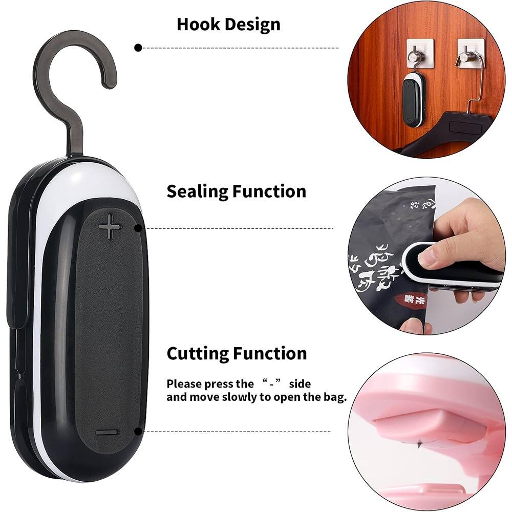 Sure, here is the corrected and grouped text from the image:

---

**Hook Design**

**Sealing Function**

**Cutting Function**

Please press the "—" side and move slowly to open the bag.

---