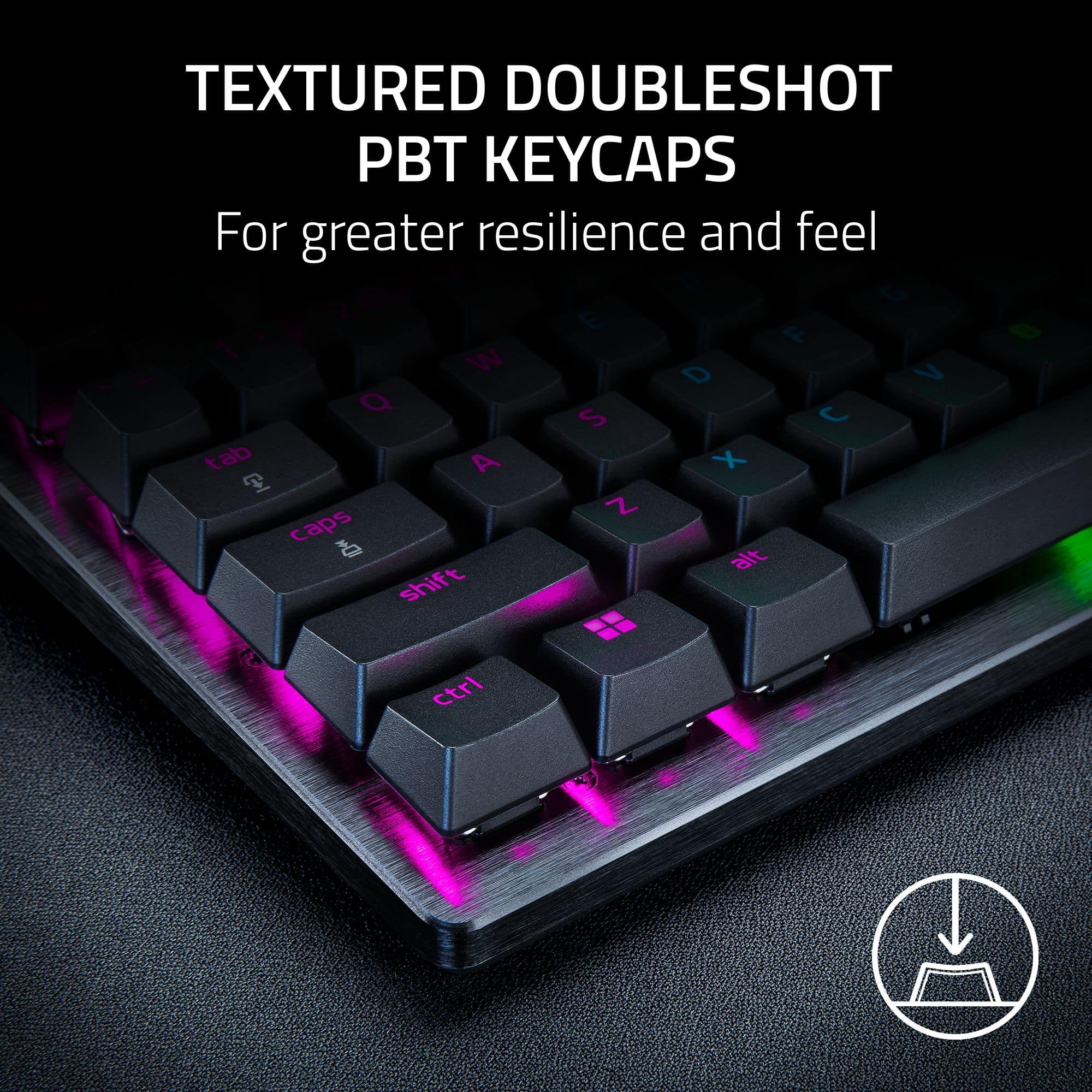 Textured DoubleShot PBT Keycaps for greater resilience and feel. 2 2 d E F 6 1 I W D V Q S C tab A X D Z caps 10 alt shift 2 ctrl.