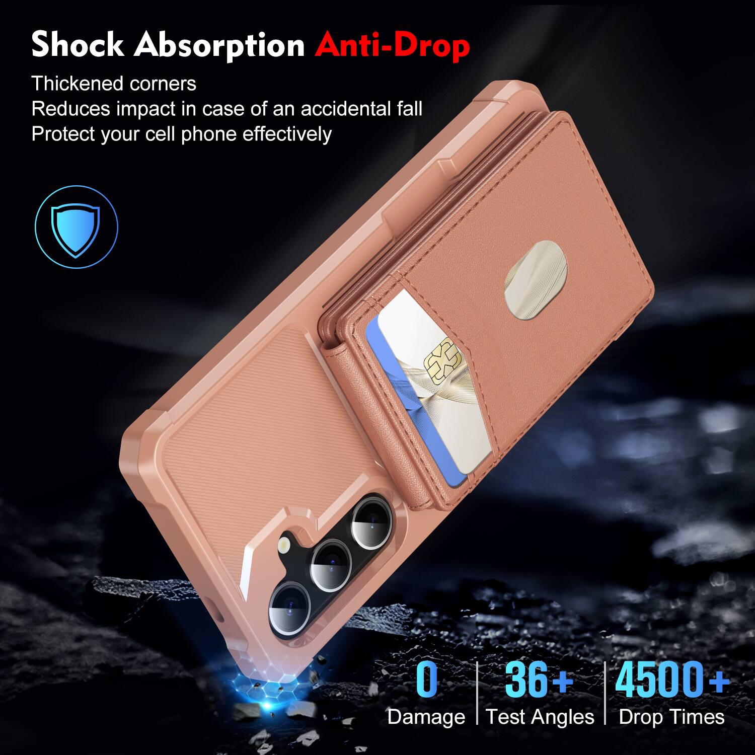Shock Absorption Anti-Drop  
Thickened corners  
Reduces impact in case of an accidental fall  
Protect your cell phone effectively  

0 Damage  
36+ Test Angles  
4500+ Drop Times