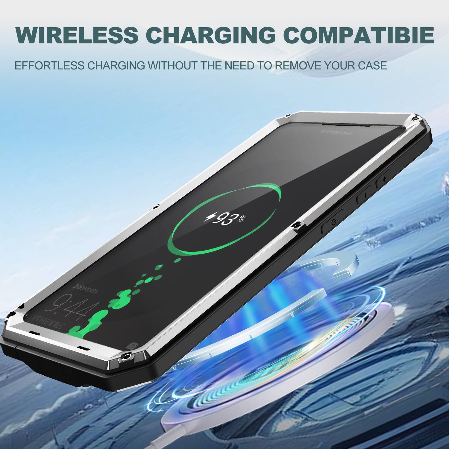 WIRELESS CHARGING COMPATIBLE  
EFFORTLESS CHARGING WITHOUT THE NEED TO REMOVE YOUR CASE  
+93%  
R0 18 9:44
