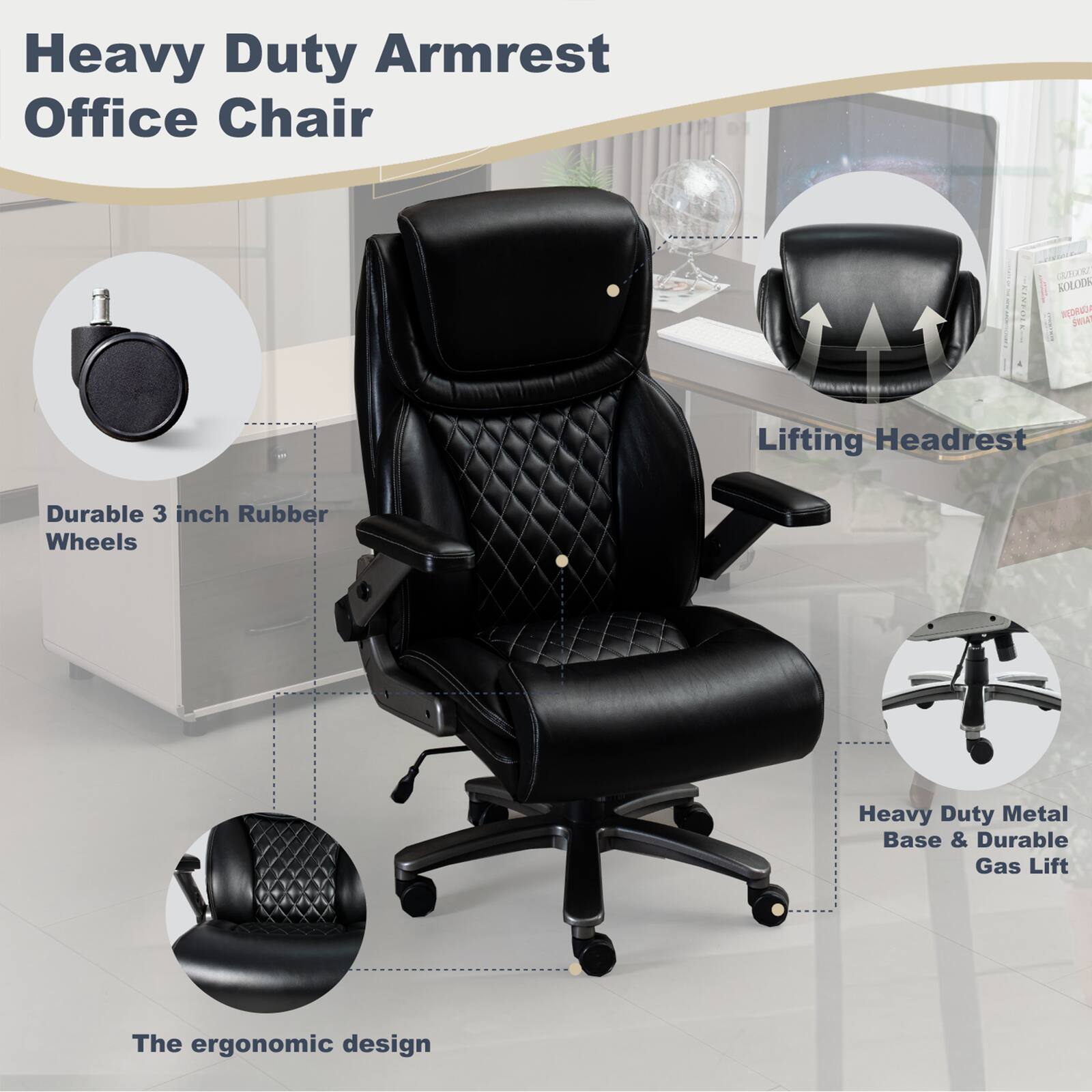 Heavy Duty Armrest Office Chair

- Durable 3 inch Rubber Wheels
- Lifting Headrest
- Heavy Duty Metal Base & Durable Gas Lift
- The ergonomic design